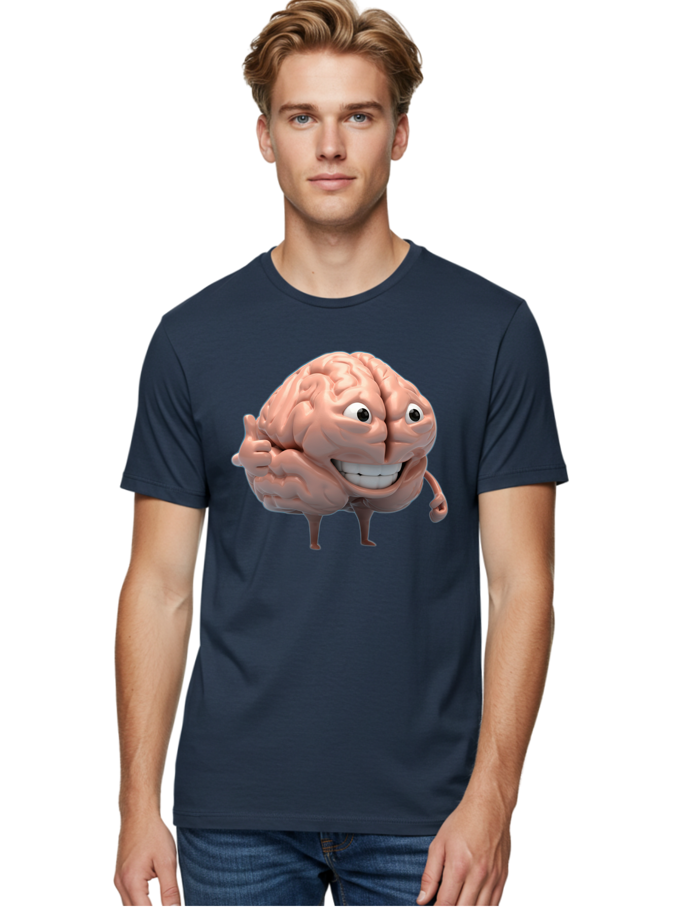 Brain-Character Men'S Graphic Tee, 100% Cotton, Comfortable Casual Summer Wear, Machine Washable, Human Brain, Cartoon Character, Thumbs Up, Smiling Face, Cognitive Function, Intelligence, Learning, Mental Power, Brain Power Bae003