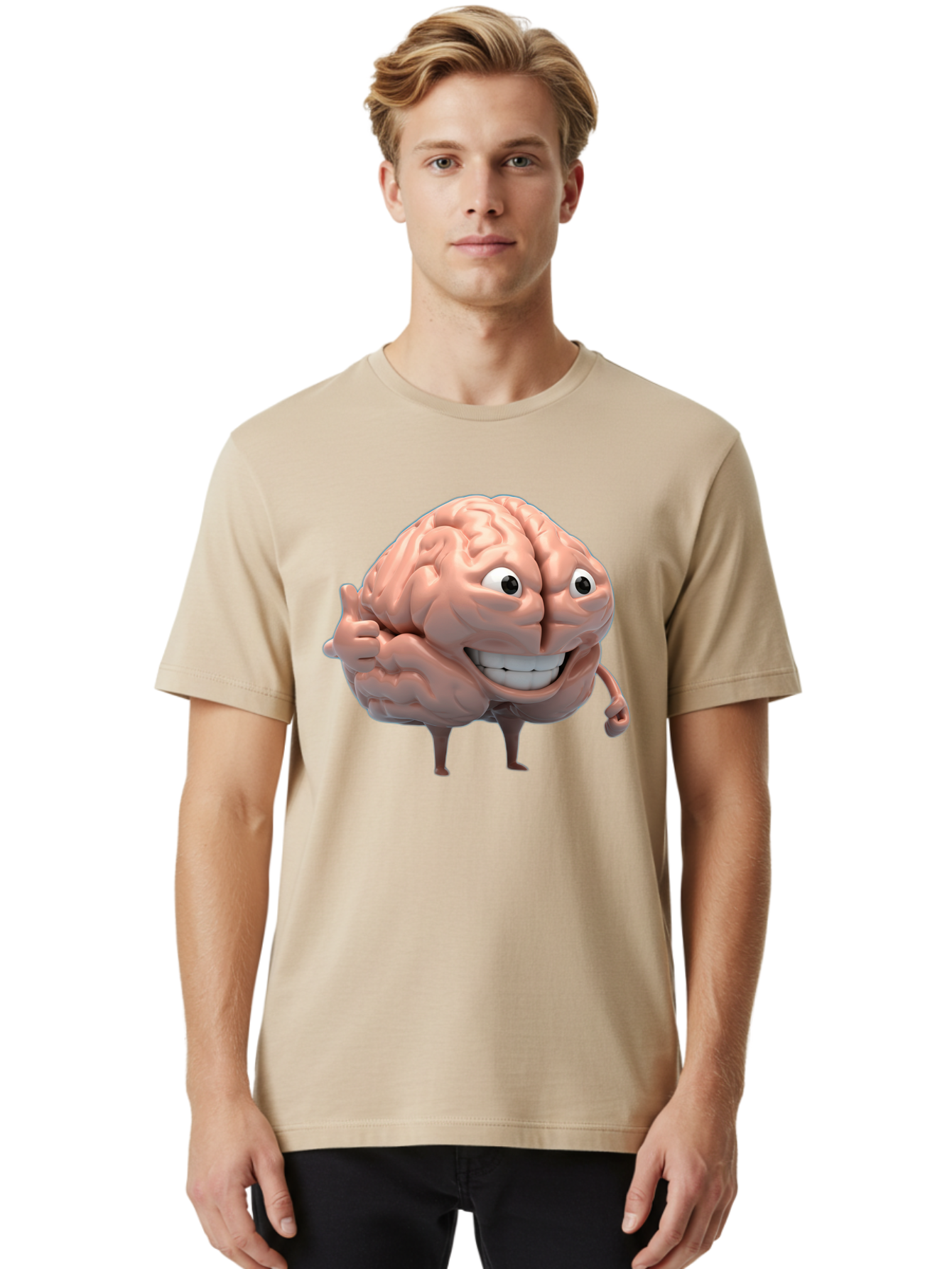 Brain-Character Men'S Graphic Tee, 100% Cotton, Comfortable Casual Summer Wear, Machine Washable, Human Brain, Cartoon Character, Thumbs Up, Smiling Face, Cognitive Function, Intelligence, Learning, Mental Power, Brain Power Bae003