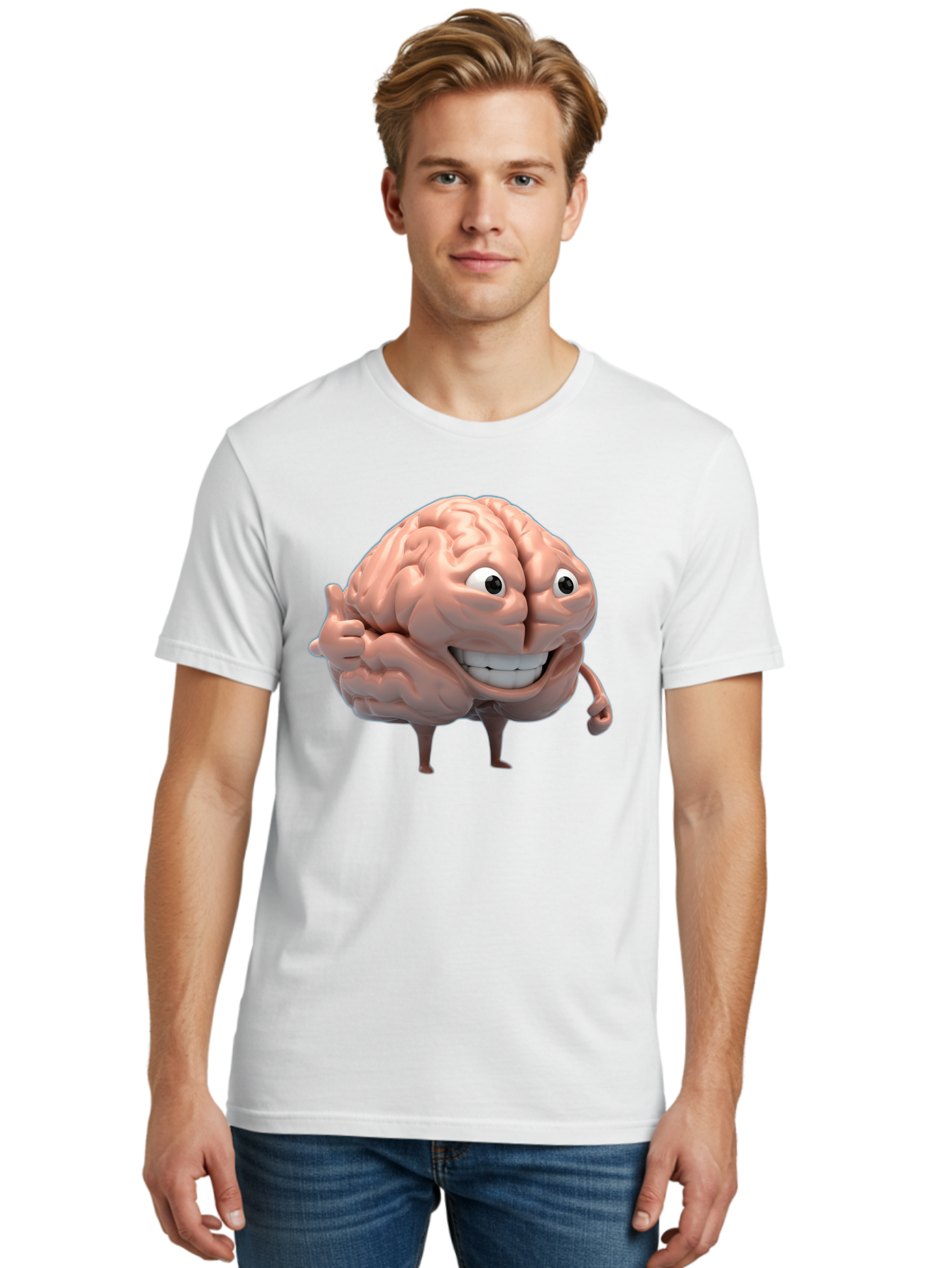 Brain-Character Men'S Graphic Tee, 100% Cotton, Comfortable Casual Summer Wear, Machine Washable, Human Brain, Cartoon Character, Thumbs Up, Smiling Face, Cognitive Function, Intelligence, Learning, Mental Power, Brain Power Bae003