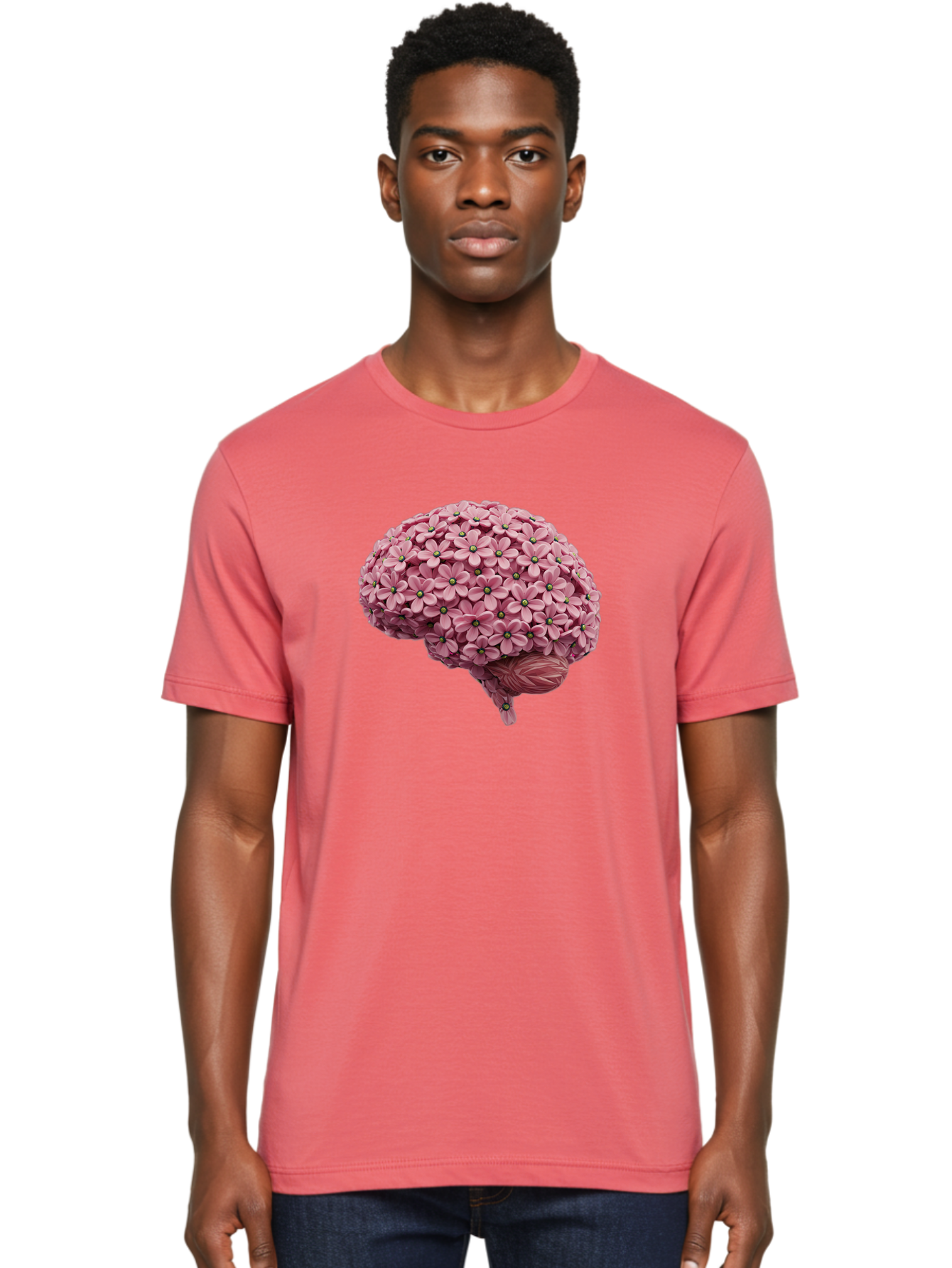 Brain-Made-Of-Flowers Men'S Graphic Tee, 100% Cotton, Comfortable Casual Summer Wear, Machine Washable, Brain Made Of Flowers, Floral Brain, Pink Flowers, Creative Thinking, Artistic Expression, Mental Health Awareness, Brain Illustration, Bae004