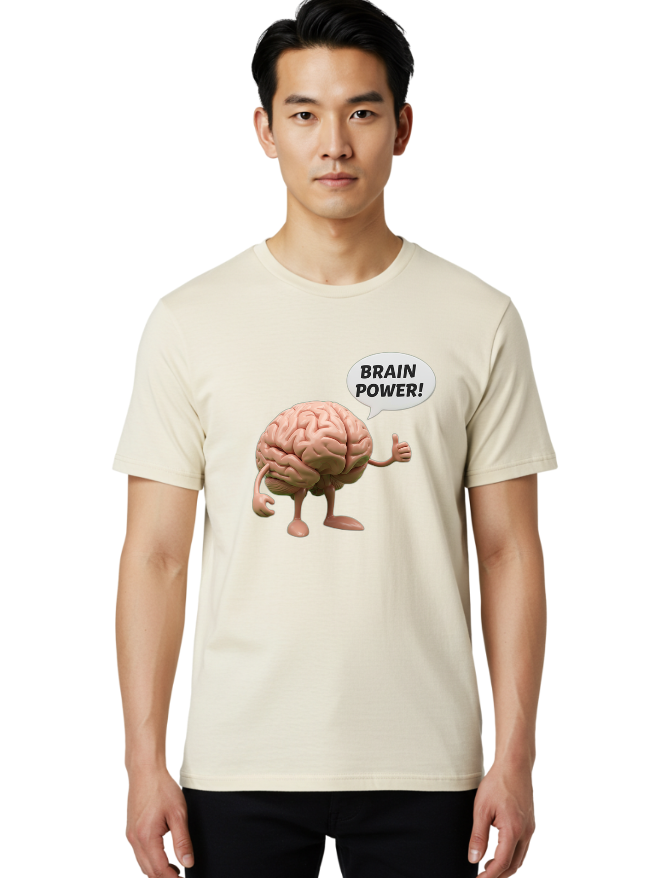 Brain-Power Men'S Graphic Tee, 100% Cotton, Comfortable Casual Summer Wear, Machine Washable, Cartoon Brain Character, Thumbs Up, Intellectual Power, Cognitive Abilities, Mental Strength, Smart Thinking, Brain Power, Happy Brain, Confidence, Bae005