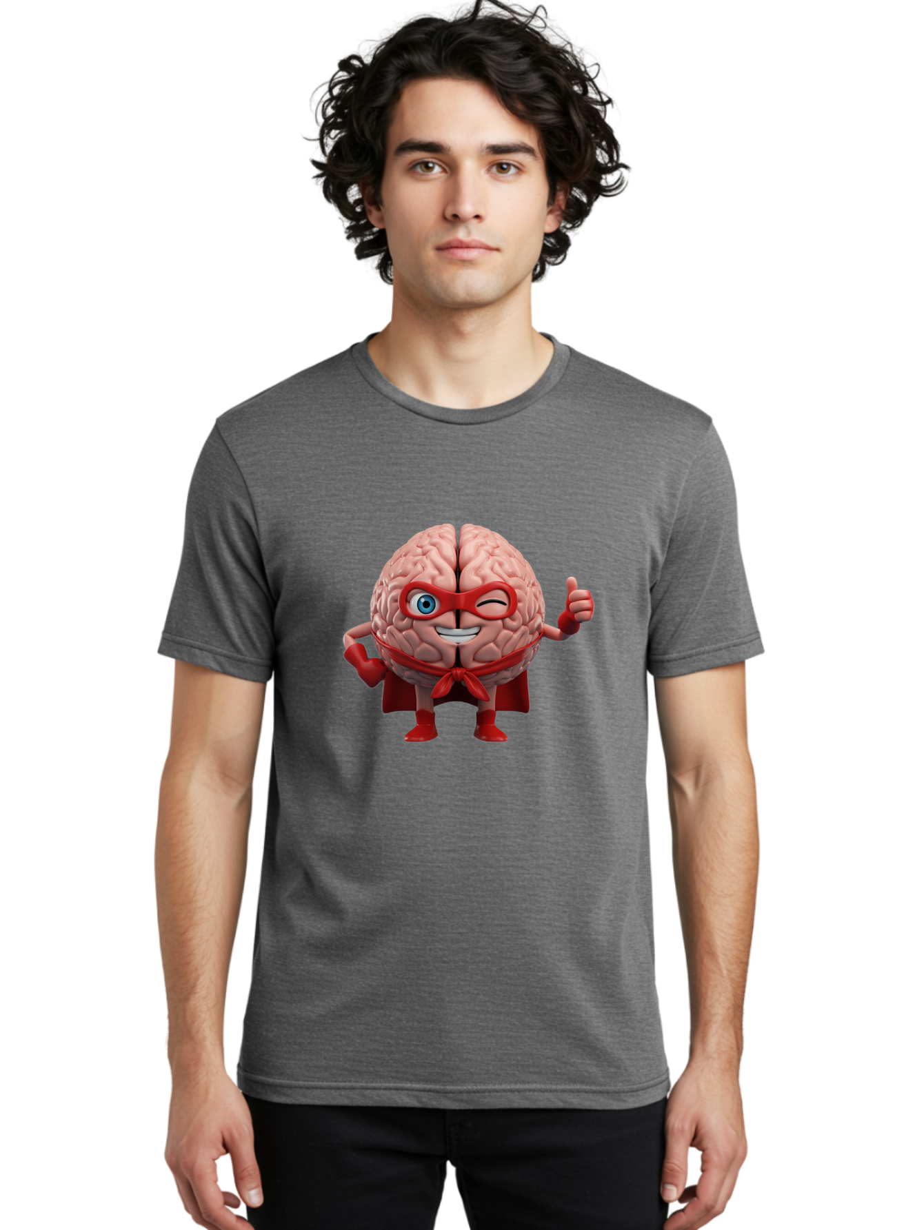 Brain-Superhero Men'S Graphic Tee, 100% Cotton, Comfortable Casual Summer Wear, Machine Washable, Cartoon Brain, Superhero Character, Comic Book Style, Flexing Muscles, Thumbs Up, Red Cape, Red Mask, Human Brain Illustration, Funny, Creative, Bae006