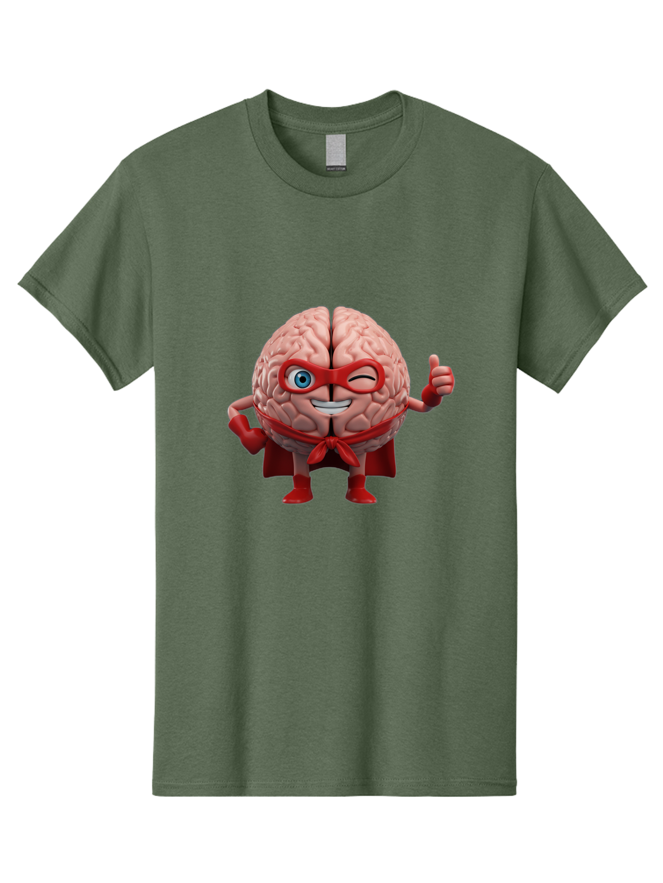 Brain-Superhero Men'S Graphic Tee, 100% Cotton, Comfortable Casual Summer Wear, Machine Washable, Cartoon Brain, Superhero Character, Comic Book Style, Flexing Muscles, Thumbs Up, Red Cape, Red Mask, Human Brain Illustration, Funny, Creative, Bae006