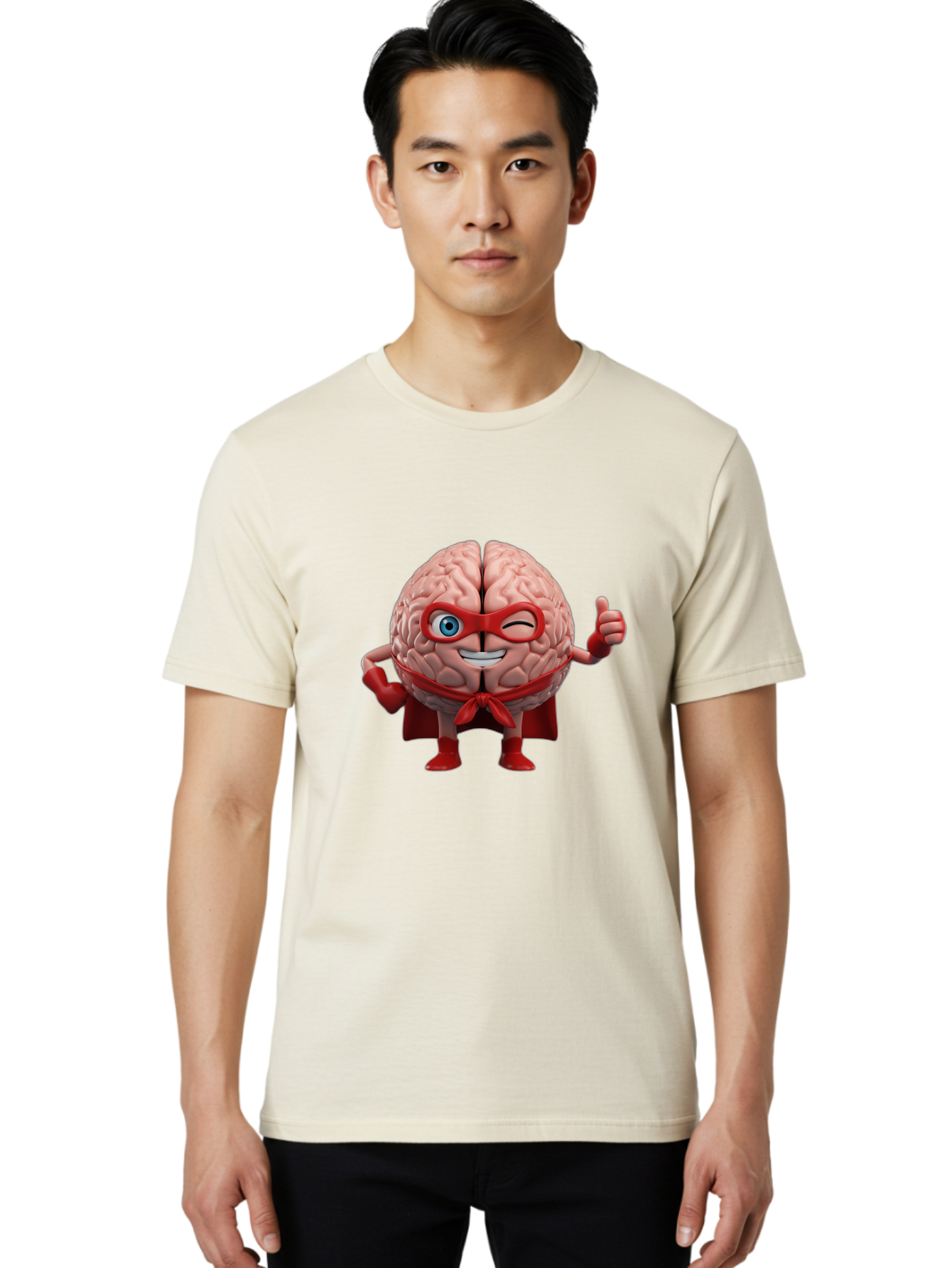 Brain-Superhero Men'S Graphic Tee, 100% Cotton, Comfortable Casual Summer Wear, Machine Washable, Cartoon Brain, Superhero Character, Comic Book Style, Flexing Muscles, Thumbs Up, Red Cape, Red Mask, Human Brain Illustration, Funny, Creative, Bae006