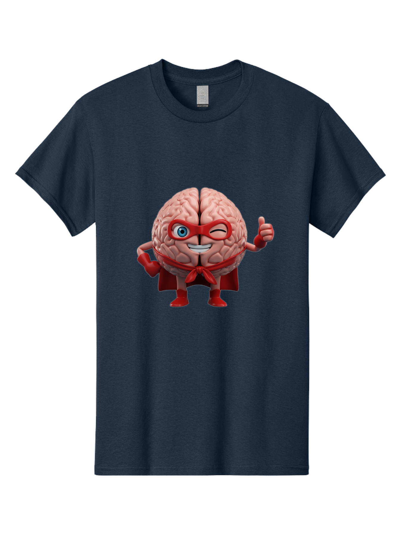 Brain-Superhero Men'S Graphic Tee, 100% Cotton, Comfortable Casual Summer Wear, Machine Washable, Cartoon Brain, Superhero Character, Comic Book Style, Flexing Muscles, Thumbs Up, Red Cape, Red Mask, Human Brain Illustration, Funny, Creative, Bae006