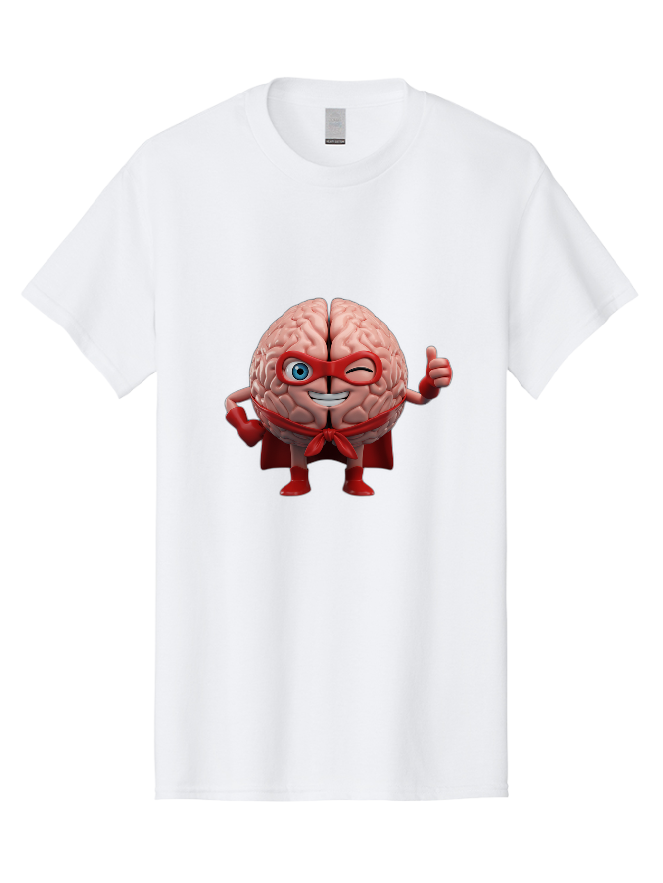 Brain-Superhero Men'S Graphic Tee, 100% Cotton, Comfortable Casual Summer Wear, Machine Washable, Cartoon Brain, Superhero Character, Comic Book Style, Flexing Muscles, Thumbs Up, Red Cape, Red Mask, Human Brain Illustration, Funny, Creative, Bae006