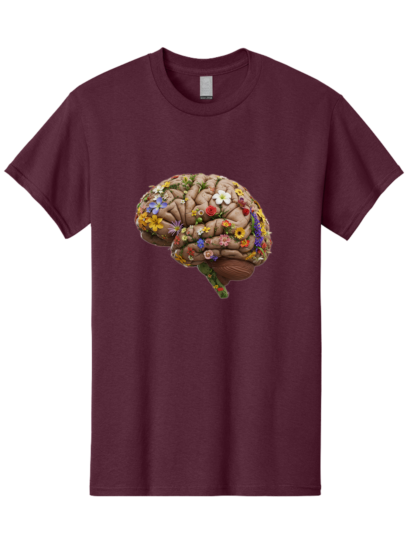 Brain-With-Flowers Men'S Graphic Tee, 100% Cotton, Comfortable Casual Summer Wear, Machine Washable, Human Brain, Flowers Blooming, Creative Thinking, Mental Health, Wellness, Vibrant Colors, Floral Arrangement, Positive Vibes, Brain Power, Bae007