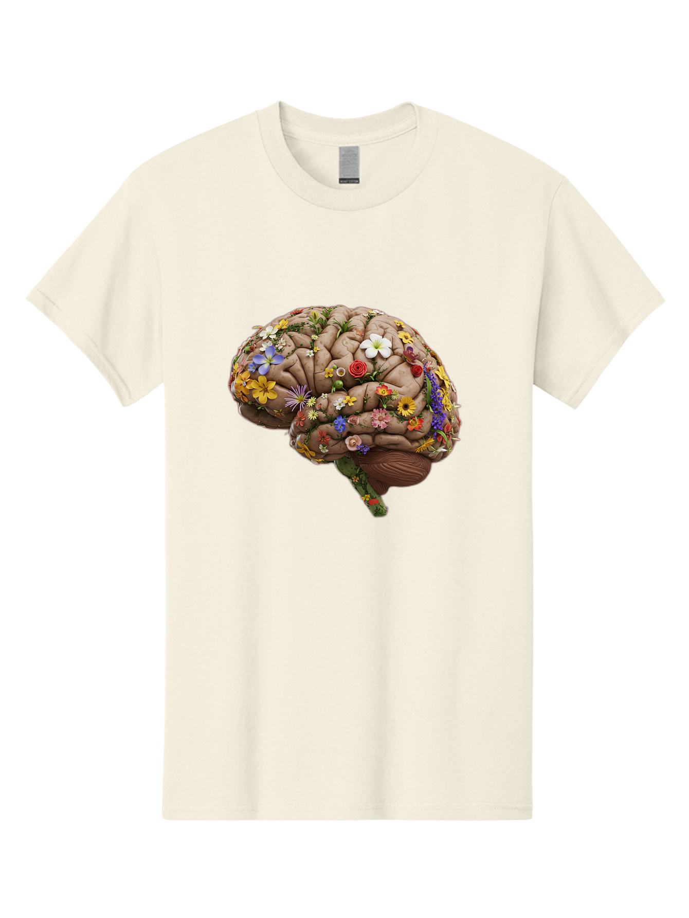 Brain-With-Flowers Men'S Graphic Tee, 100% Cotton, Comfortable Casual Summer Wear, Machine Washable, Human Brain, Flowers Blooming, Creative Thinking, Mental Health, Wellness, Vibrant Colors, Floral Arrangement, Positive Vibes, Brain Power, Bae007