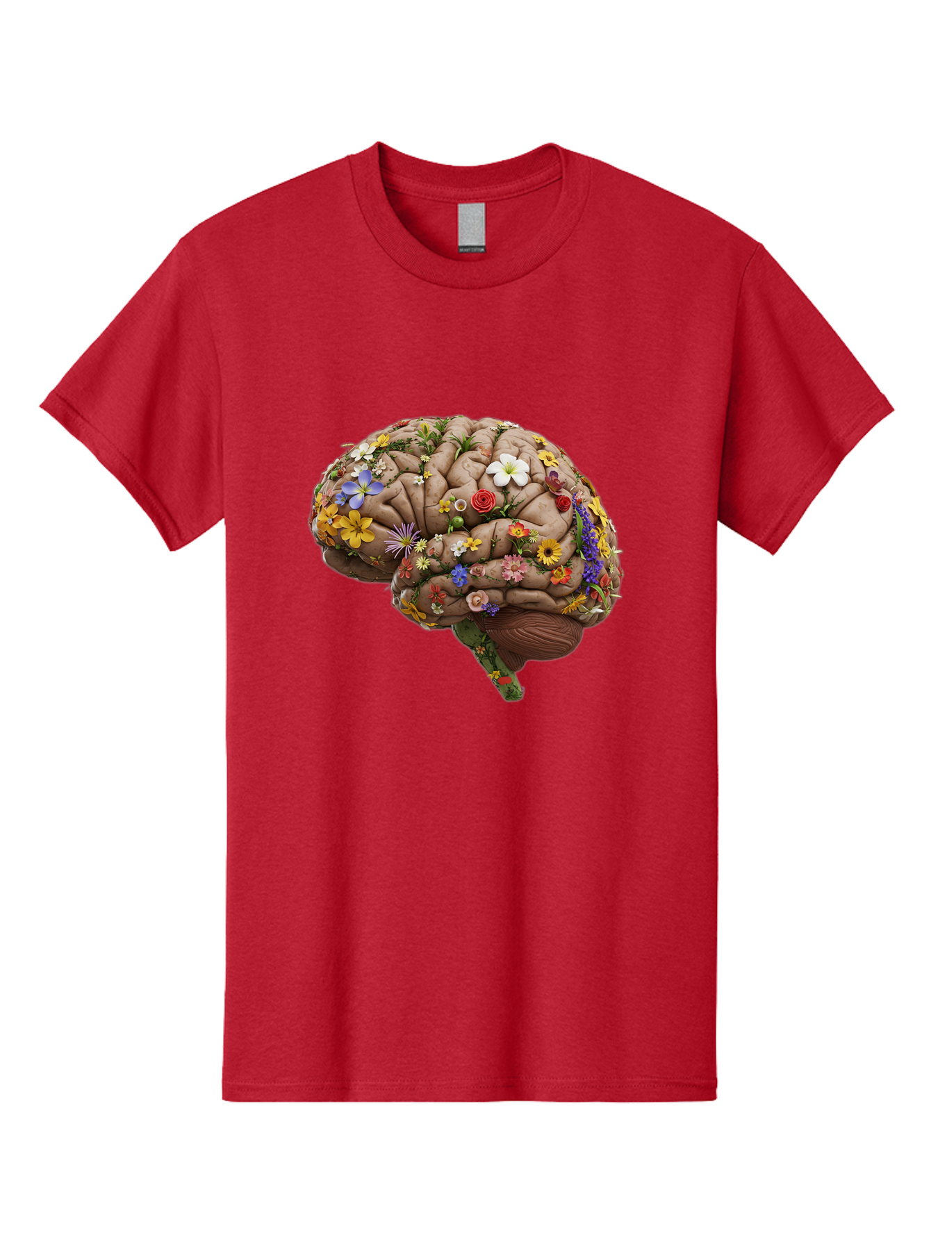 Brain-With-Flowers Men'S Graphic Tee, 100% Cotton, Comfortable Casual Summer Wear, Machine Washable, Human Brain, Flowers Blooming, Creative Thinking, Mental Health, Wellness, Vibrant Colors, Floral Arrangement, Positive Vibes, Brain Power, Bae007