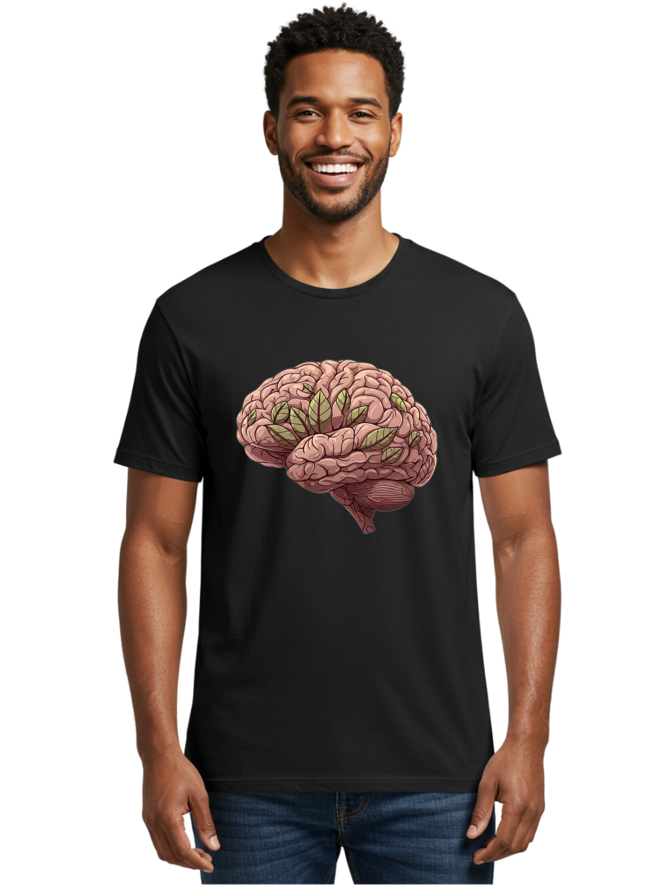 Brain-With-Marijuana-Leaves Men'S Graphic Tee, 100% Cotton, Comfortable Casual Summer Wear, Machine Washable, Human Brain, Leaves On Brain, Cognitive Function, Mental Wellness, Brain Health, Marijuana Effects, Cannabis And Brain Bae009