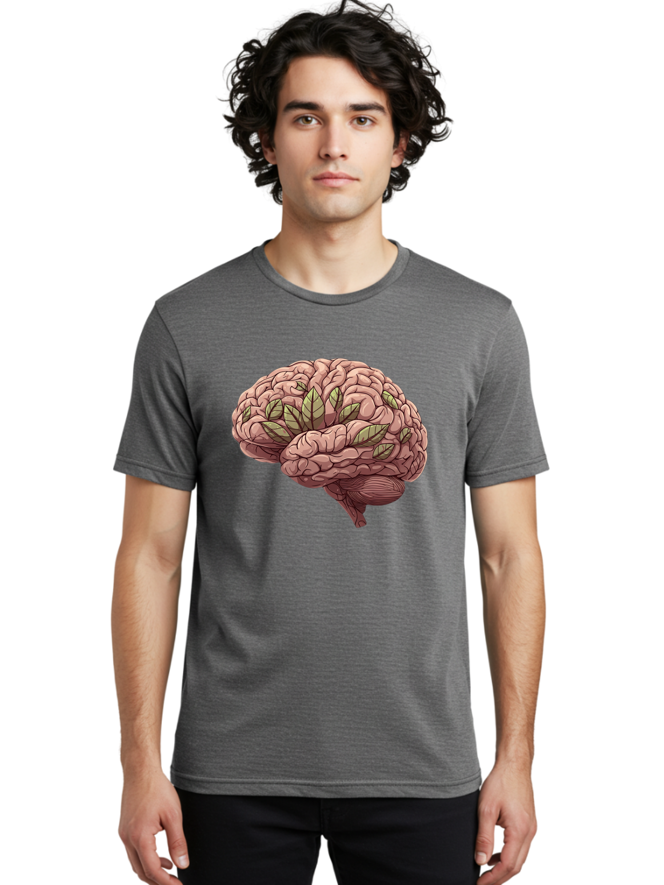 Brain-With-Marijuana-Leaves Men'S Graphic Tee, 100% Cotton, Comfortable Casual Summer Wear, Machine Washable, Human Brain, Leaves On Brain, Cognitive Function, Mental Wellness, Brain Health, Marijuana Effects, Cannabis And Brain Bae009