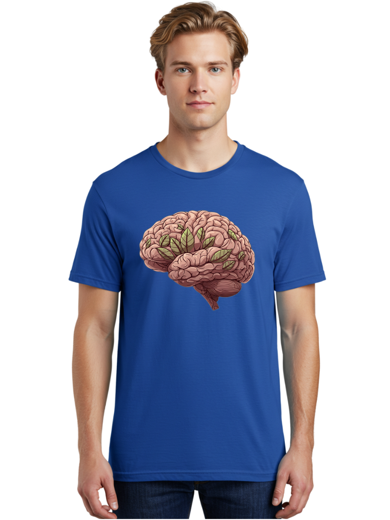 Brain-With-Marijuana-Leaves Men'S Graphic Tee, 100% Cotton, Comfortable Casual Summer Wear, Machine Washable, Human Brain, Leaves On Brain, Cognitive Function, Mental Wellness, Brain Health, Marijuana Effects, Cannabis And Brain Bae009