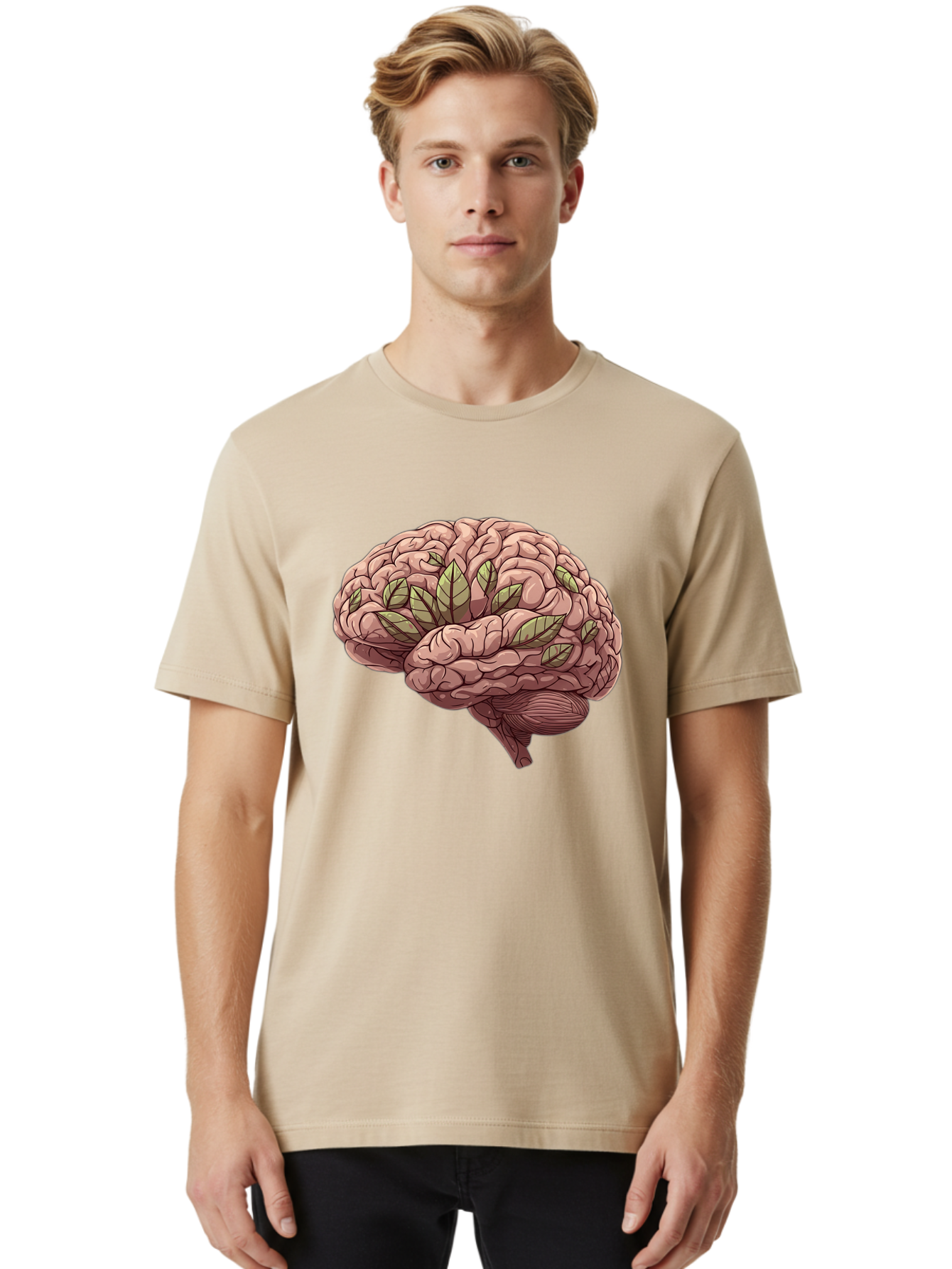 Brain-With-Marijuana-Leaves Men'S Graphic Tee, 100% Cotton, Comfortable Casual Summer Wear, Machine Washable, Human Brain, Leaves On Brain, Cognitive Function, Mental Wellness, Brain Health, Marijuana Effects, Cannabis And Brain Bae009