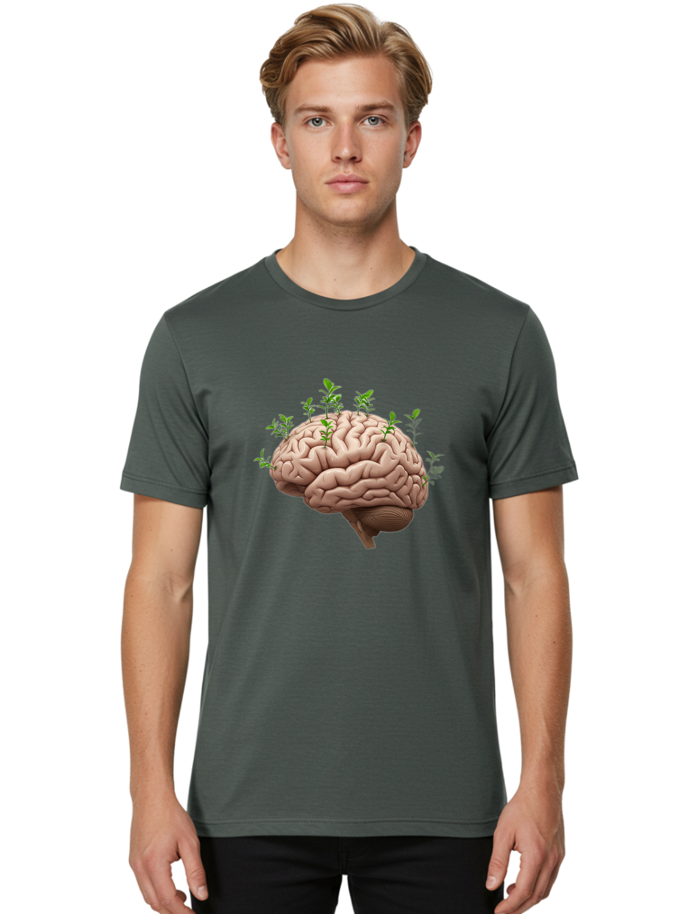 Brain-With-Sprouts Men'S Graphic Tee, 100% Cotton, Comfortable Casual Summer Wear, Machine Washable, Human Brain, Plants Growing Out, Creative Thinking, Neuroscience, Brain Function, Mental Growth, Green Shoots Bae010