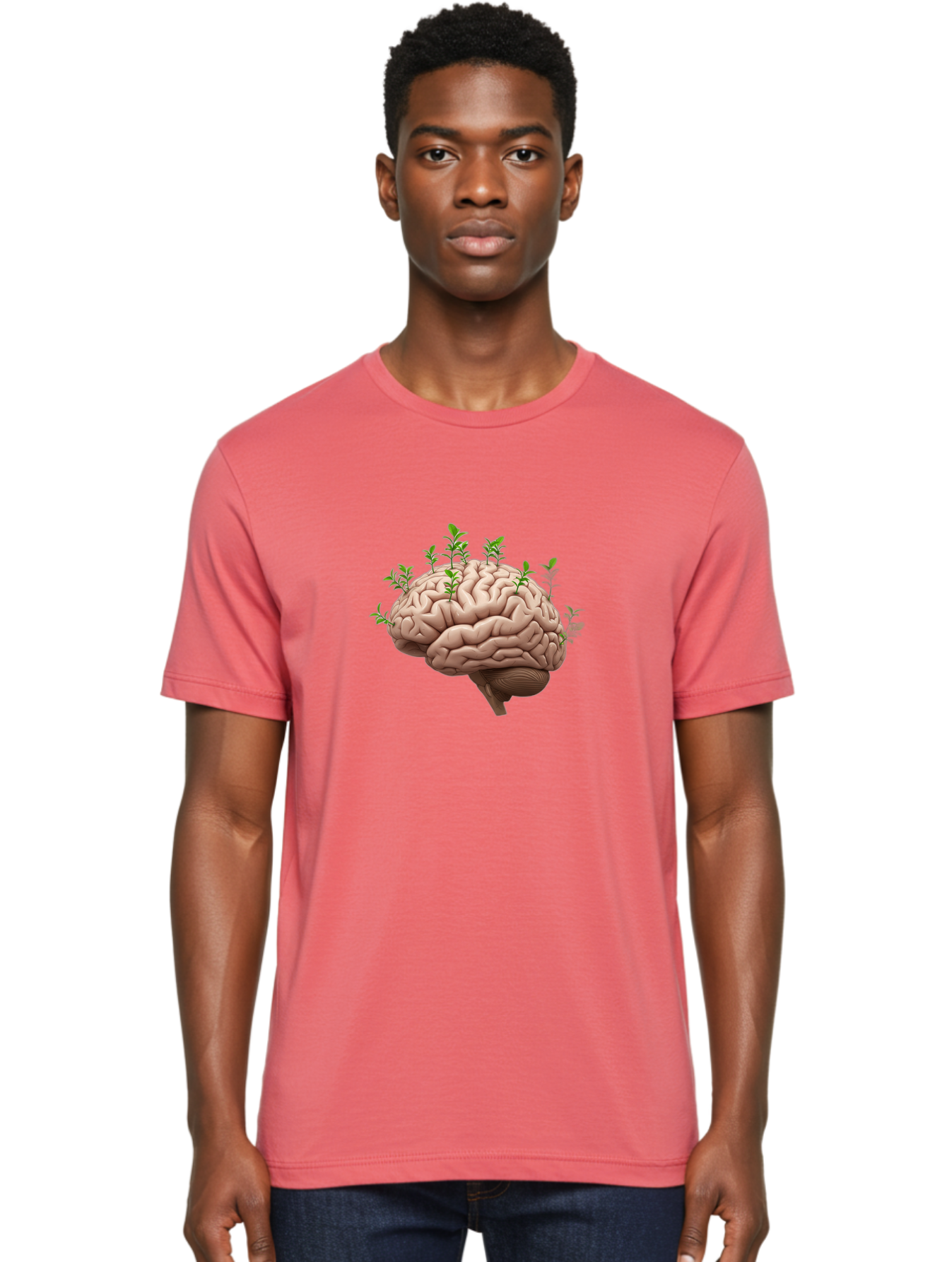 Brain-With-Sprouts Men'S Graphic Tee, 100% Cotton, Comfortable Casual Summer Wear, Machine Washable, Human Brain, Plants Growing Out, Creative Thinking, Neuroscience, Brain Function, Mental Growth, Green Shoots Bae010