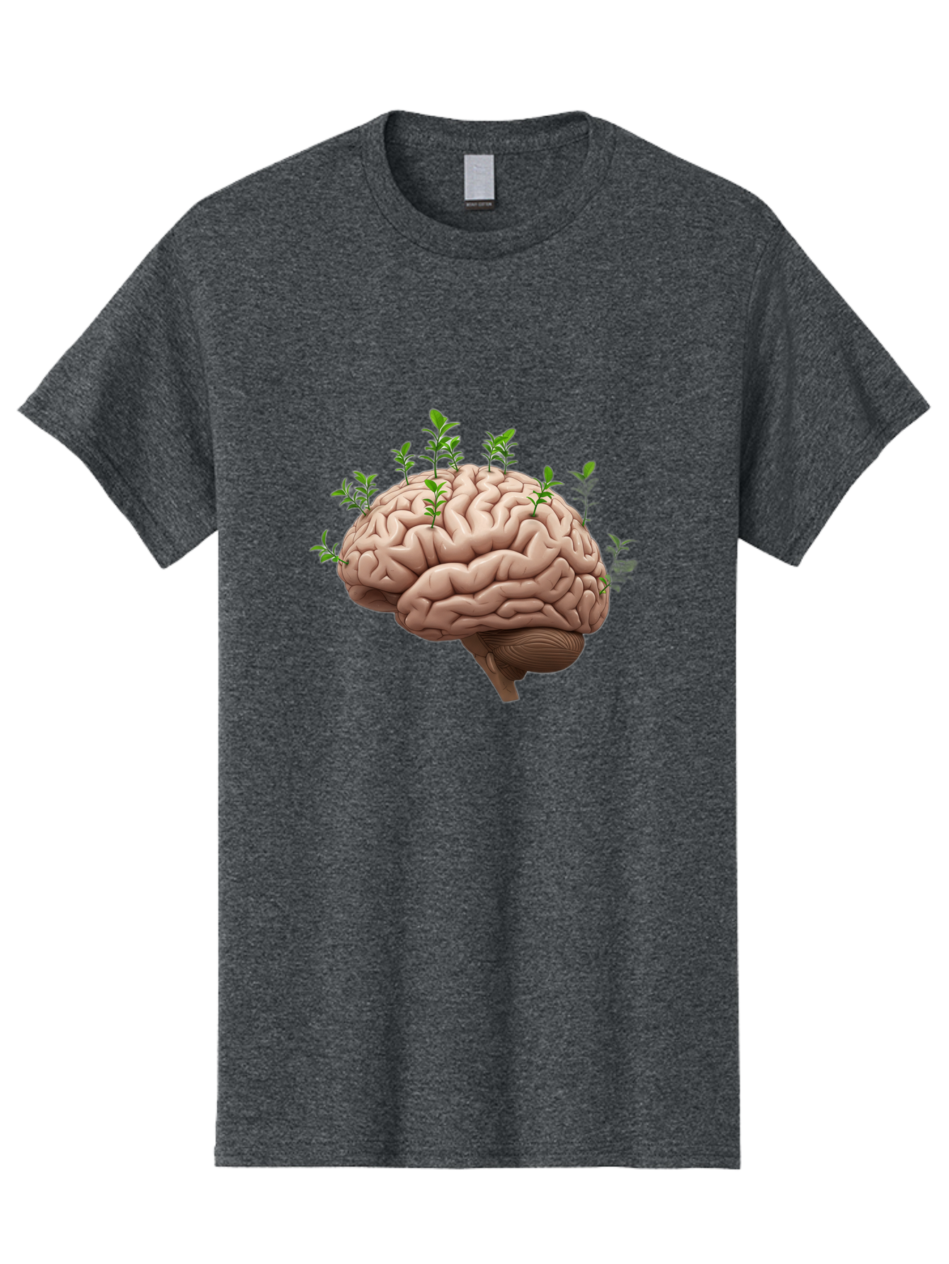 Brain-With-Sprouts Men'S Graphic Tee, 100% Cotton, Comfortable Casual Summer Wear, Machine Washable, Human Brain, Plants Growing Out, Creative Thinking, Neuroscience, Brain Function, Mental Growth, Green Shoots Bae010