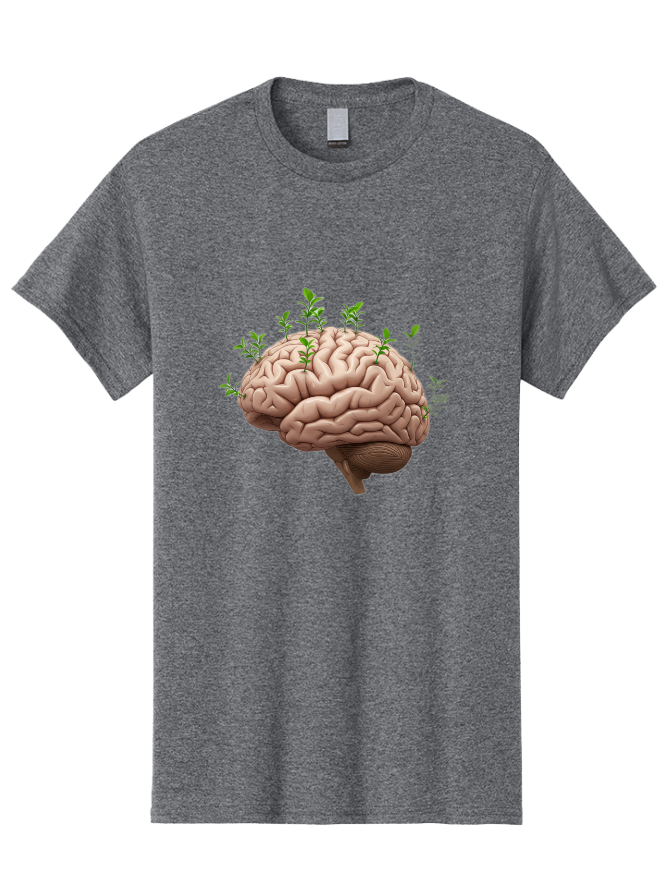Brain-With-Sprouts Men'S Graphic Tee, 100% Cotton, Comfortable Casual Summer Wear, Machine Washable, Human Brain, Plants Growing Out, Creative Thinking, Neuroscience, Brain Function, Mental Growth, Green Shoots Bae010