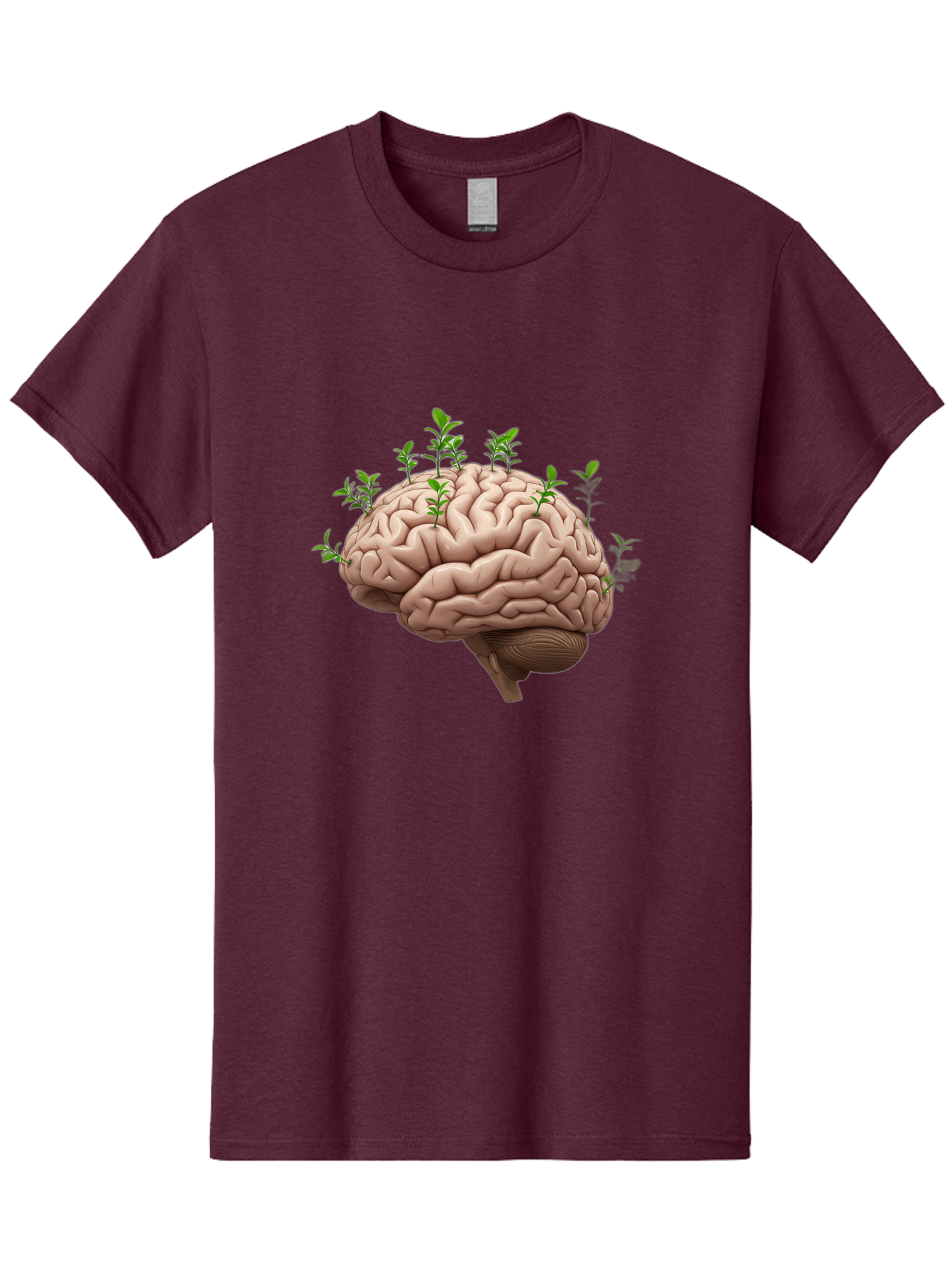 Brain-With-Sprouts Men'S Graphic Tee, 100% Cotton, Comfortable Casual Summer Wear, Machine Washable, Human Brain, Plants Growing Out, Creative Thinking, Neuroscience, Brain Function, Mental Growth, Green Shoots Bae010