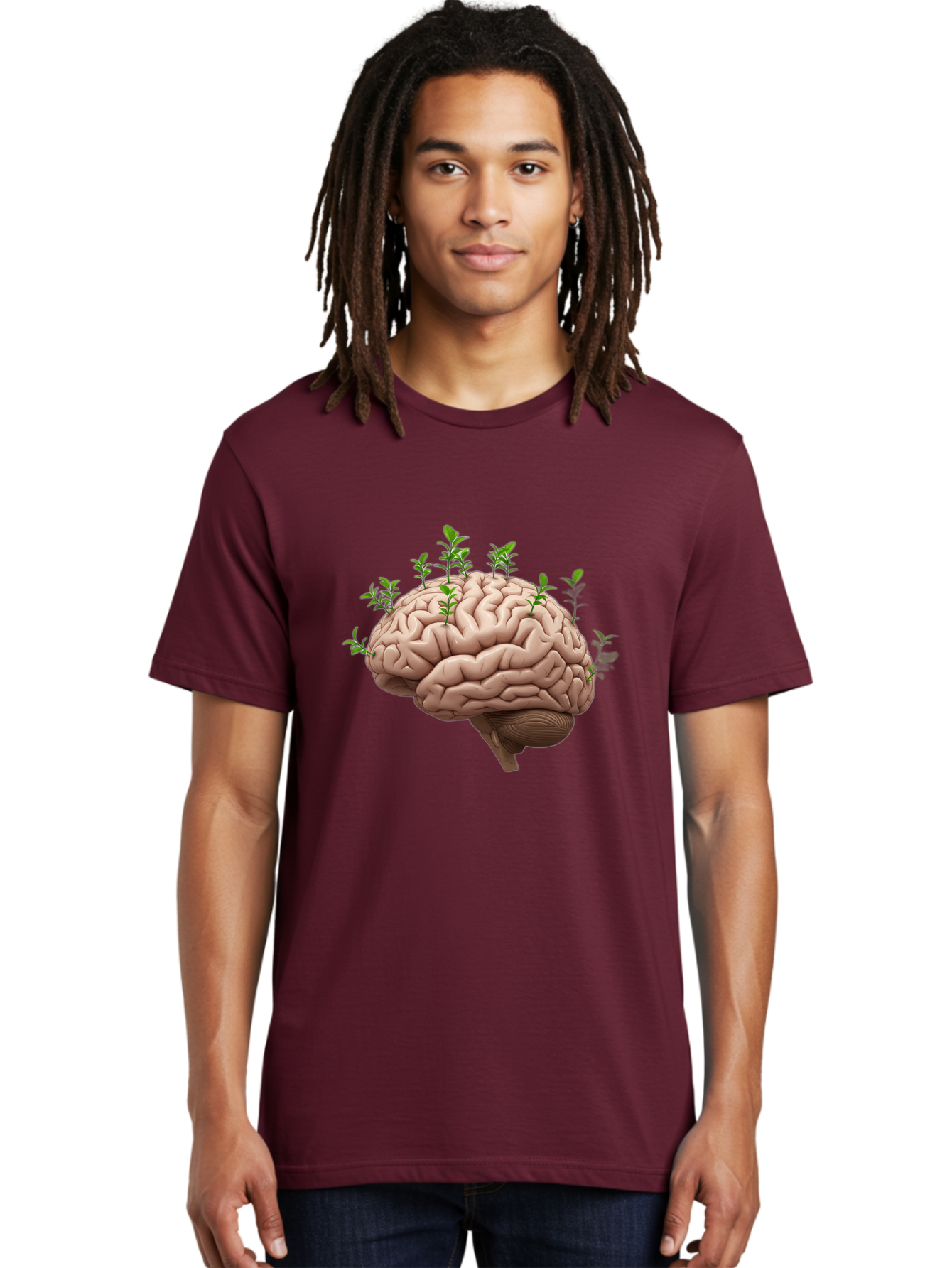 Brain-With-Sprouts Men'S Graphic Tee, 100% Cotton, Comfortable Casual Summer Wear, Machine Washable, Human Brain, Plants Growing Out, Creative Thinking, Neuroscience, Brain Function, Mental Growth, Green Shoots Bae010