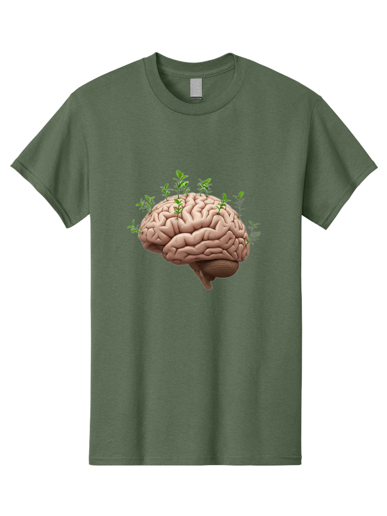 Brain-With-Sprouts Men'S Graphic Tee, 100% Cotton, Comfortable Casual Summer Wear, Machine Washable, Human Brain, Plants Growing Out, Creative Thinking, Neuroscience, Brain Function, Mental Growth, Green Shoots Bae010