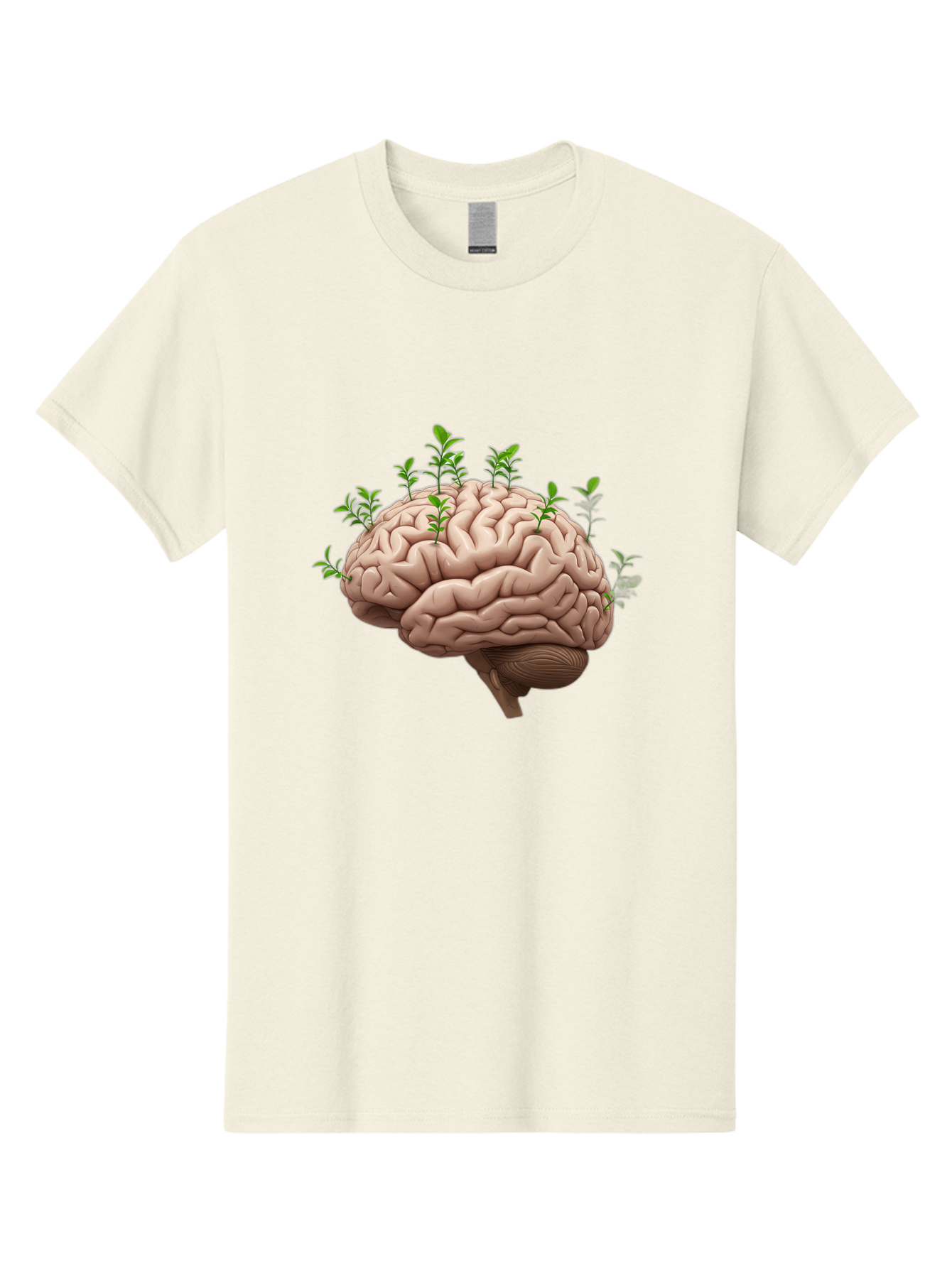 Brain-With-Sprouts Men'S Graphic Tee, 100% Cotton, Comfortable Casual Summer Wear, Machine Washable, Human Brain, Plants Growing Out, Creative Thinking, Neuroscience, Brain Function, Mental Growth, Green Shoots Bae010