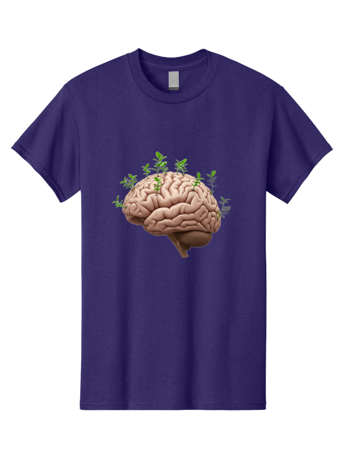 Brain-With-Sprouts Men'S Graphic Tee, 100% Cotton, Comfortable Casual Summer Wear, Machine Washable, Human Brain, Plants Growing Out, Creative Thinking, Neuroscience, Brain Function, Mental Growth, Green Shoots Bae010