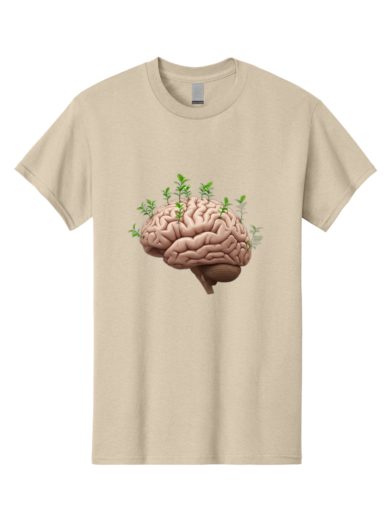 Brain-With-Sprouts Men'S Graphic Tee, 100% Cotton, Comfortable Casual Summer Wear, Machine Washable, Human Brain, Plants Growing Out, Creative Thinking, Neuroscience, Brain Function, Mental Growth, Green Shoots Bae010