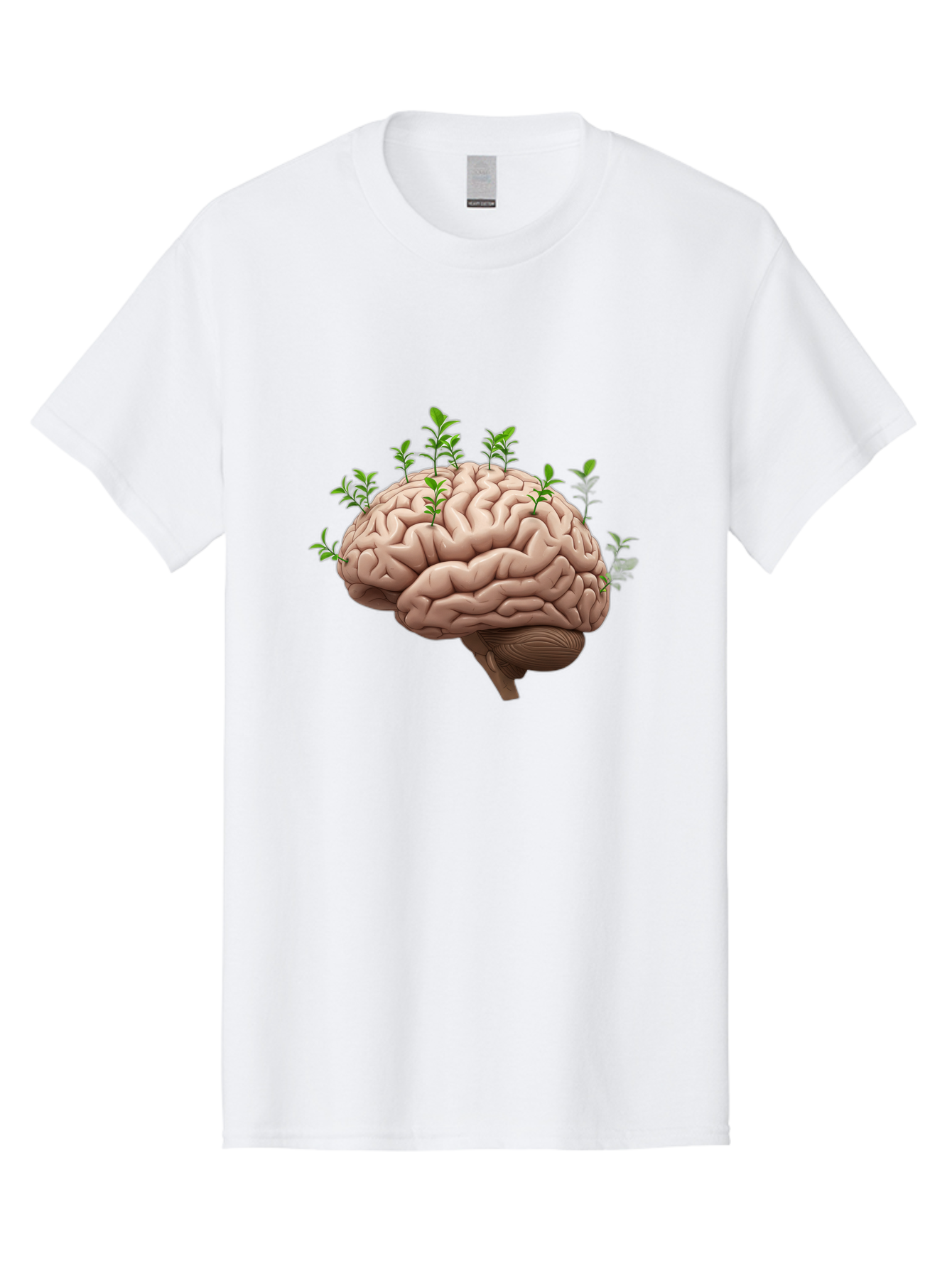 Brain-With-Sprouts Men'S Graphic Tee, 100% Cotton, Comfortable Casual Summer Wear, Machine Washable, Human Brain, Plants Growing Out, Creative Thinking, Neuroscience, Brain Function, Mental Growth, Green Shoots Bae010