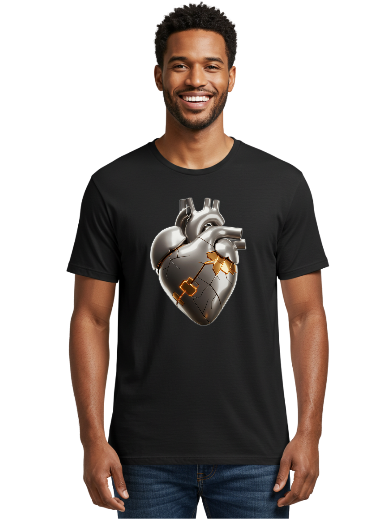 Broken-Metal-Heart Men'S Graphic Tee, 100% Cotton, Comfortable Casual Summer Wear, Machine Washable, Broken Heart, Metal Heart, Kintsugi Repair, Cracked Heart, Healing Process, Heart Repair, Metal Cracks, Golden Seams, Damaged Heart, Bae011