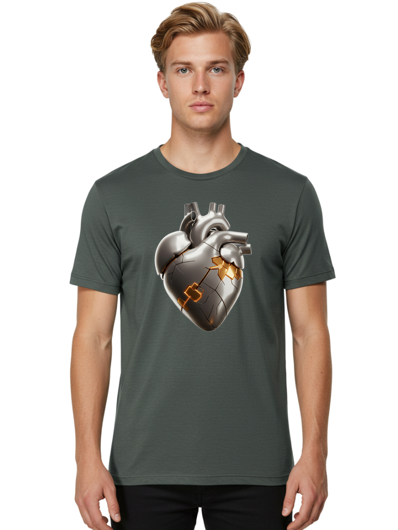 Broken-Metal-Heart Men'S Graphic Tee, 100% Cotton, Comfortable Casual Summer Wear, Machine Washable, Broken Heart, Metal Heart, Kintsugi Repair, Cracked Heart, Healing Process, Heart Repair, Metal Cracks, Golden Seams, Damaged Heart, Bae011