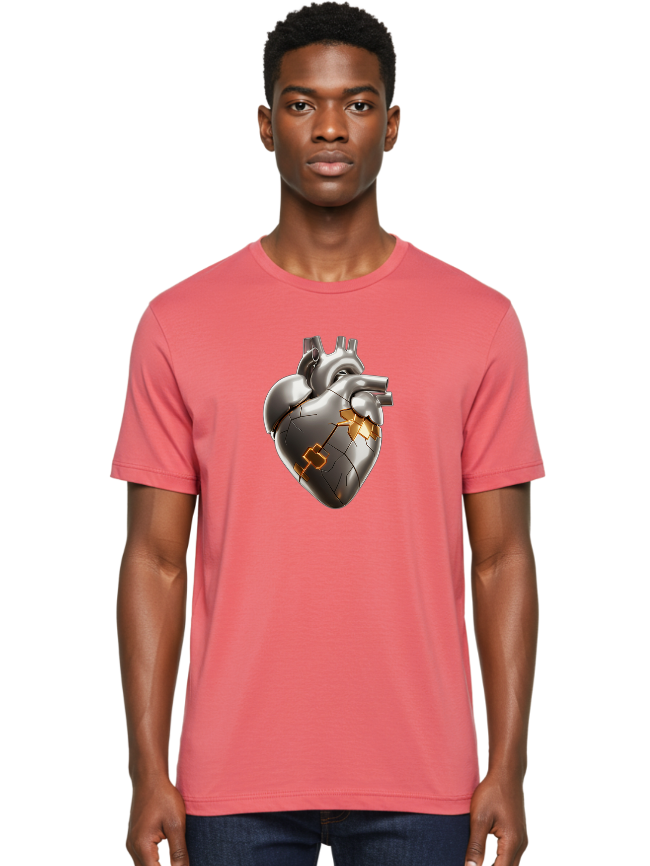 Broken-Metal-Heart Men'S Graphic Tee, 100% Cotton, Comfortable Casual Summer Wear, Machine Washable, Broken Heart, Metal Heart, Kintsugi Repair, Cracked Heart, Healing Process, Heart Repair, Metal Cracks, Golden Seams, Damaged Heart, Bae011