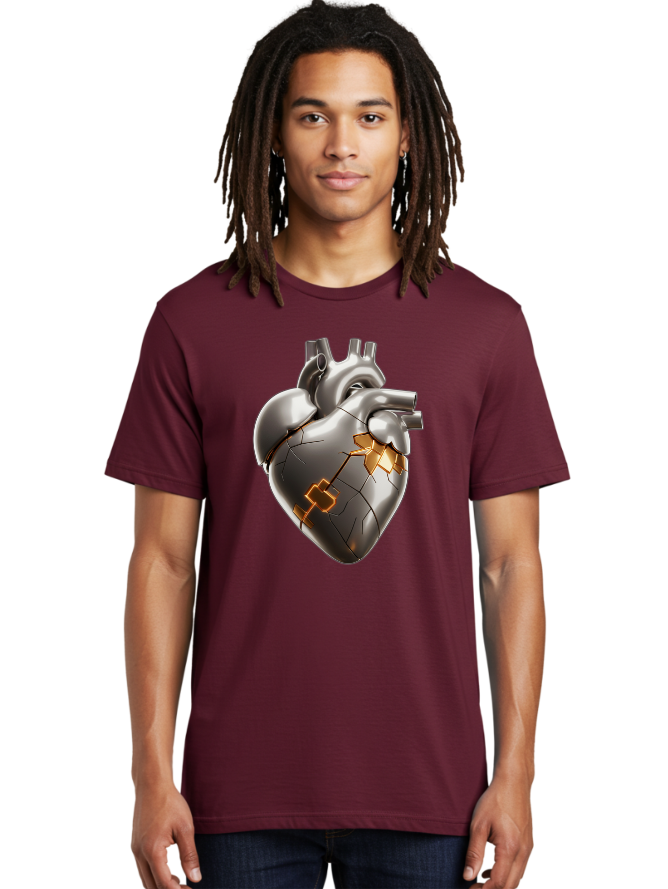 Broken-Metal-Heart Men'S Graphic Tee, 100% Cotton, Comfortable Casual Summer Wear, Machine Washable, Broken Heart, Metal Heart, Kintsugi Repair, Cracked Heart, Healing Process, Heart Repair, Metal Cracks, Golden Seams, Damaged Heart, Bae011