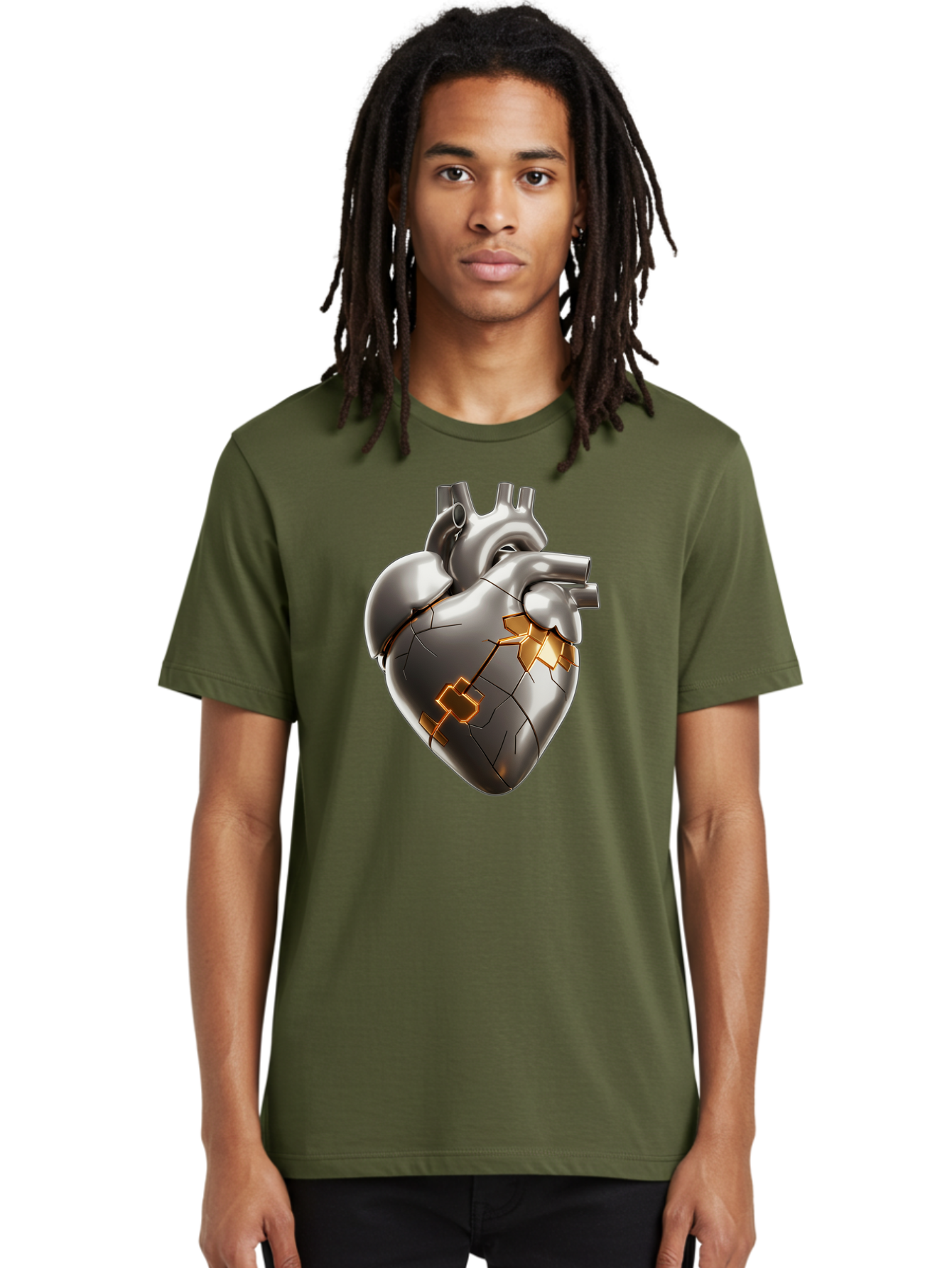 Broken-Metal-Heart Men'S Graphic Tee, 100% Cotton, Comfortable Casual Summer Wear, Machine Washable, Broken Heart, Metal Heart, Kintsugi Repair, Cracked Heart, Healing Process, Heart Repair, Metal Cracks, Golden Seams, Damaged Heart, Bae011