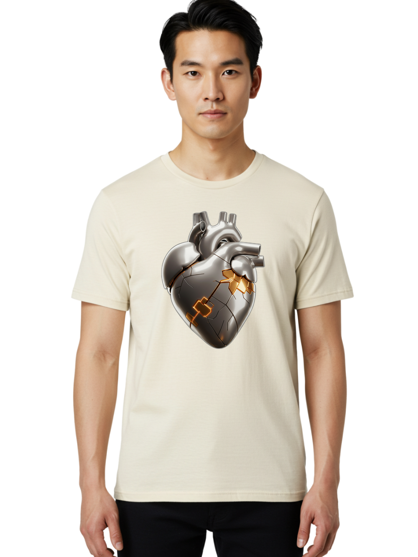 Broken-Metal-Heart Men'S Graphic Tee, 100% Cotton, Comfortable Casual Summer Wear, Machine Washable, Broken Heart, Metal Heart, Kintsugi Repair, Cracked Heart, Healing Process, Heart Repair, Metal Cracks, Golden Seams, Damaged Heart, Bae011