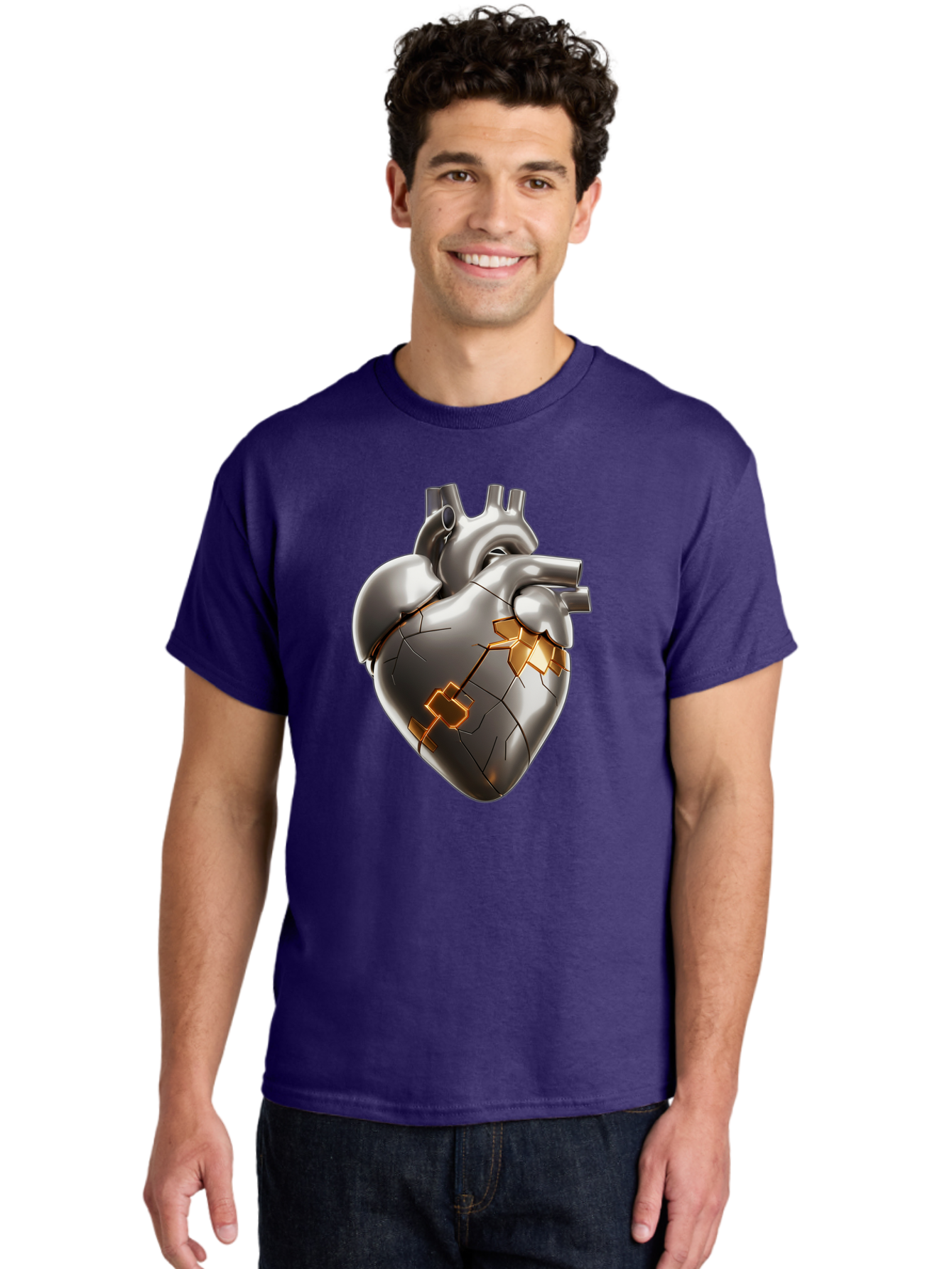 Broken-Metal-Heart Men'S Graphic Tee, 100% Cotton, Comfortable Casual Summer Wear, Machine Washable, Broken Heart, Metal Heart, Kintsugi Repair, Cracked Heart, Healing Process, Heart Repair, Metal Cracks, Golden Seams, Damaged Heart, Bae011