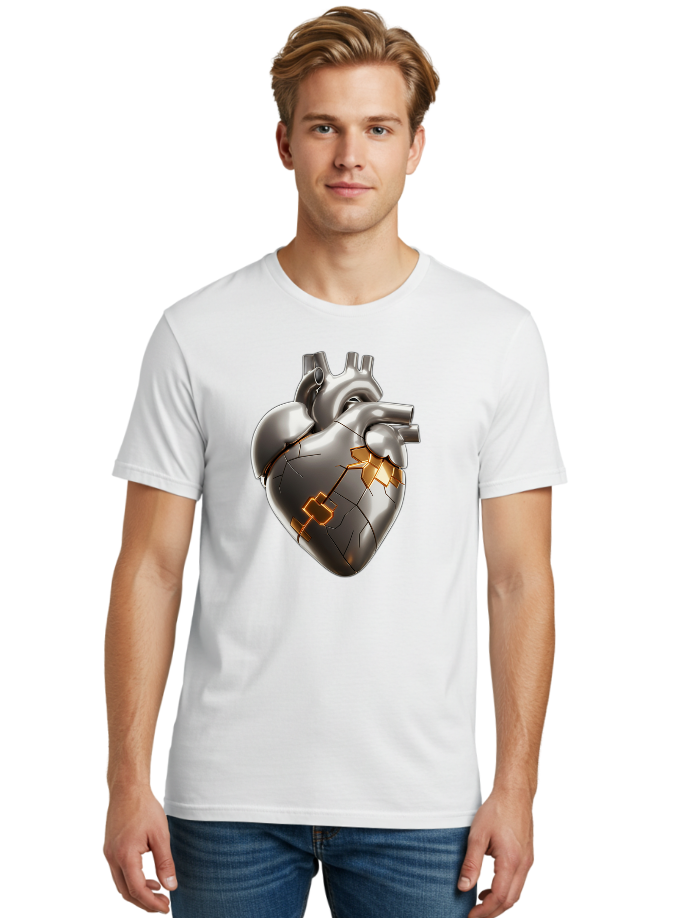 Broken-Metal-Heart Men'S Graphic Tee, 100% Cotton, Comfortable Casual Summer Wear, Machine Washable, Broken Heart, Metal Heart, Kintsugi Repair, Cracked Heart, Healing Process, Heart Repair, Metal Cracks, Golden Seams, Damaged Heart, Bae011