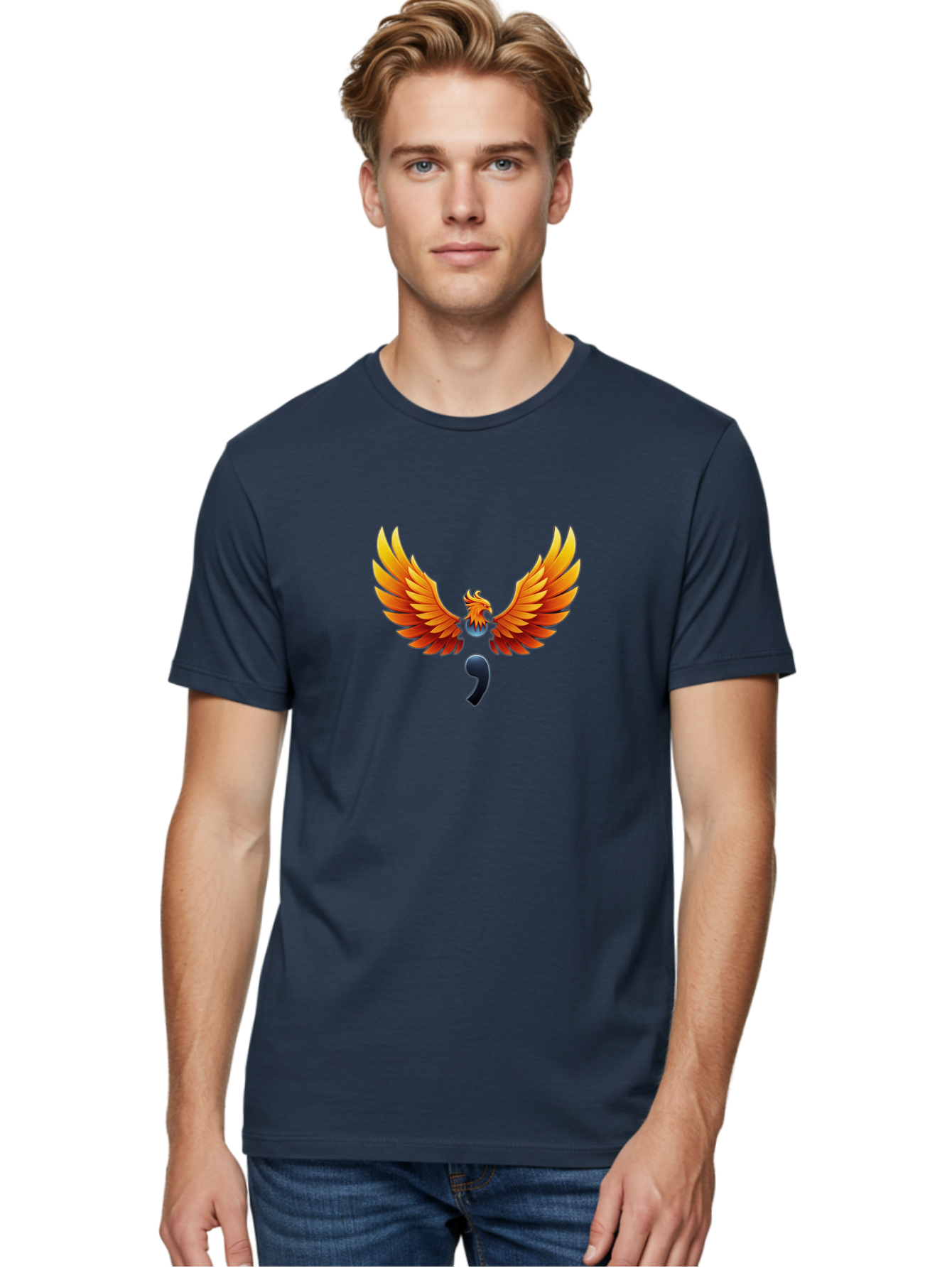 Comma-Semicolon-Phoenix Men'S Graphic Tee, 100% Cotton, Comfortable Casual Summer Wear, Machine Washable, Phoenix Rising, Fiery Bird, Orange Wings, Comma Symbol, Creative Artwork, Mythical Creature, Symbolic Representation, Vibrant Graphics, Bae012