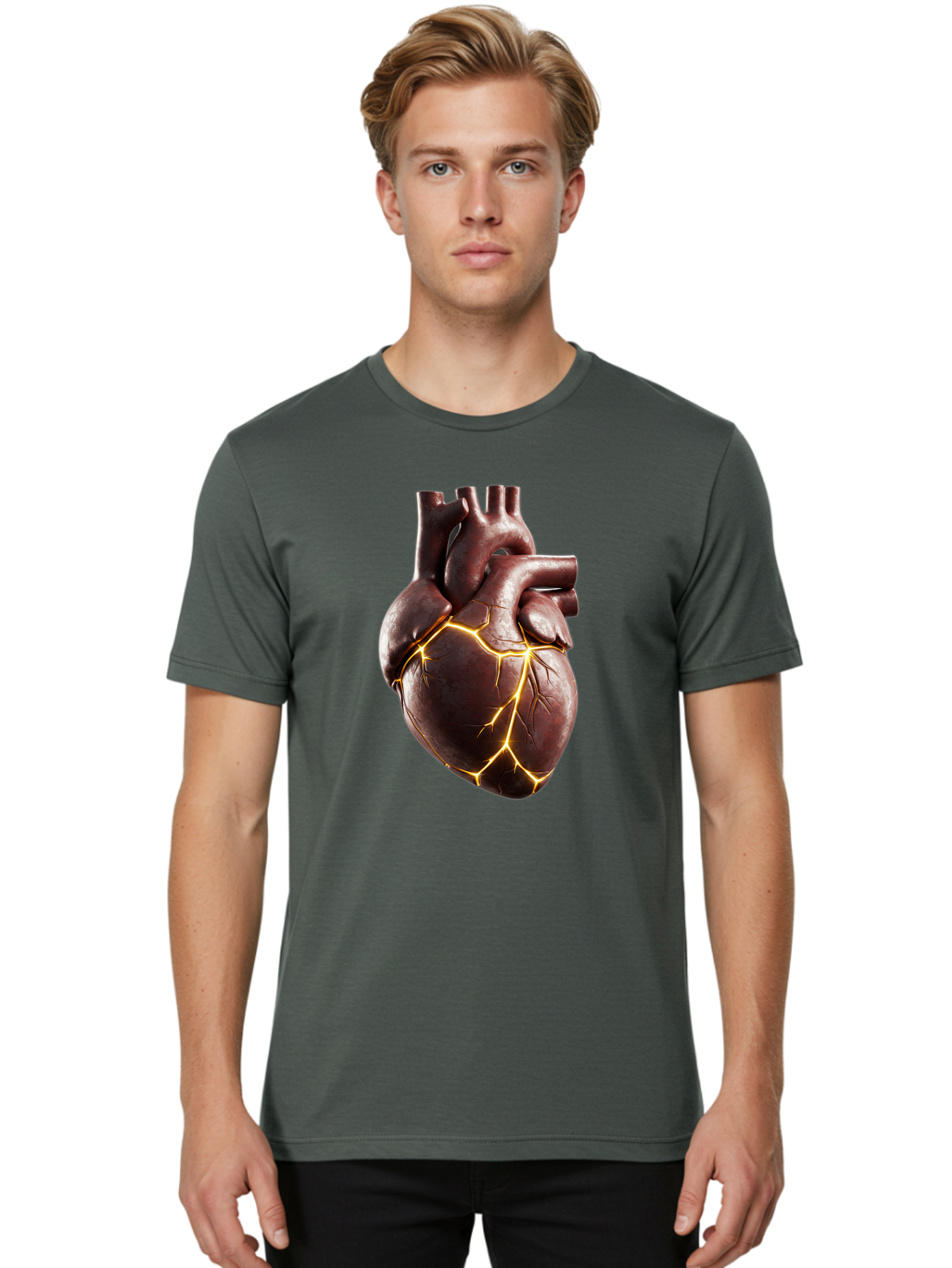 Cracked-Heart-1 Men'S Graphic Tee, 100% Cotton, Comfortable Casual Summer Wear, Machine Washable, Human Heart, Broken Heart, Cracked Heart, Emotional Pain, Heartbreak, Cracked Effect, Yellow Cracks, Heart Illustration, Cardiac Health Bae014