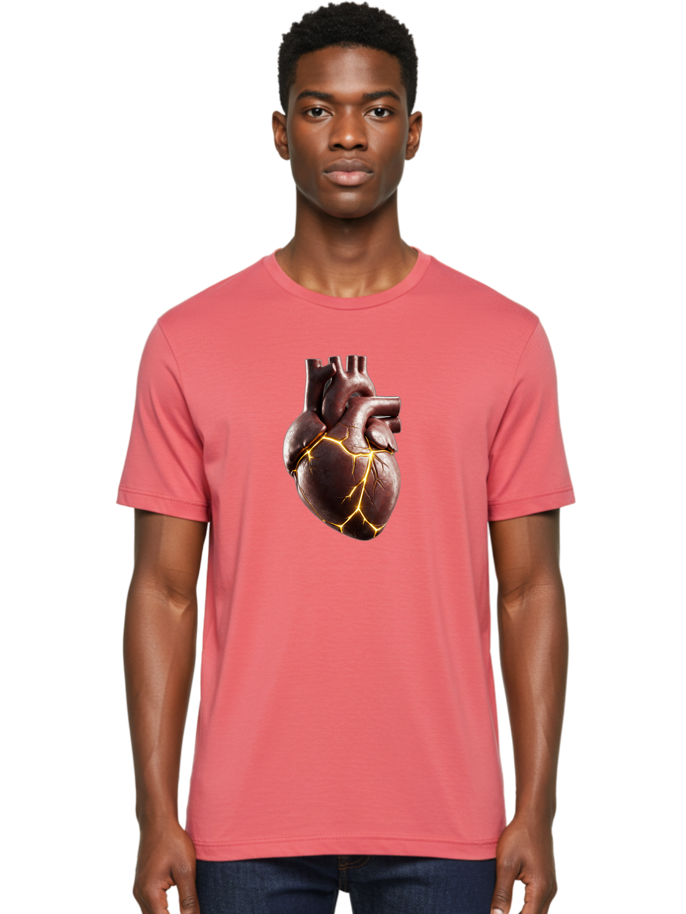 Cracked-Heart-1 Men'S Graphic Tee, 100% Cotton, Comfortable Casual Summer Wear, Machine Washable, Human Heart, Broken Heart, Cracked Heart, Emotional Pain, Heartbreak, Cracked Effect, Yellow Cracks, Heart Illustration, Cardiac Health Bae014