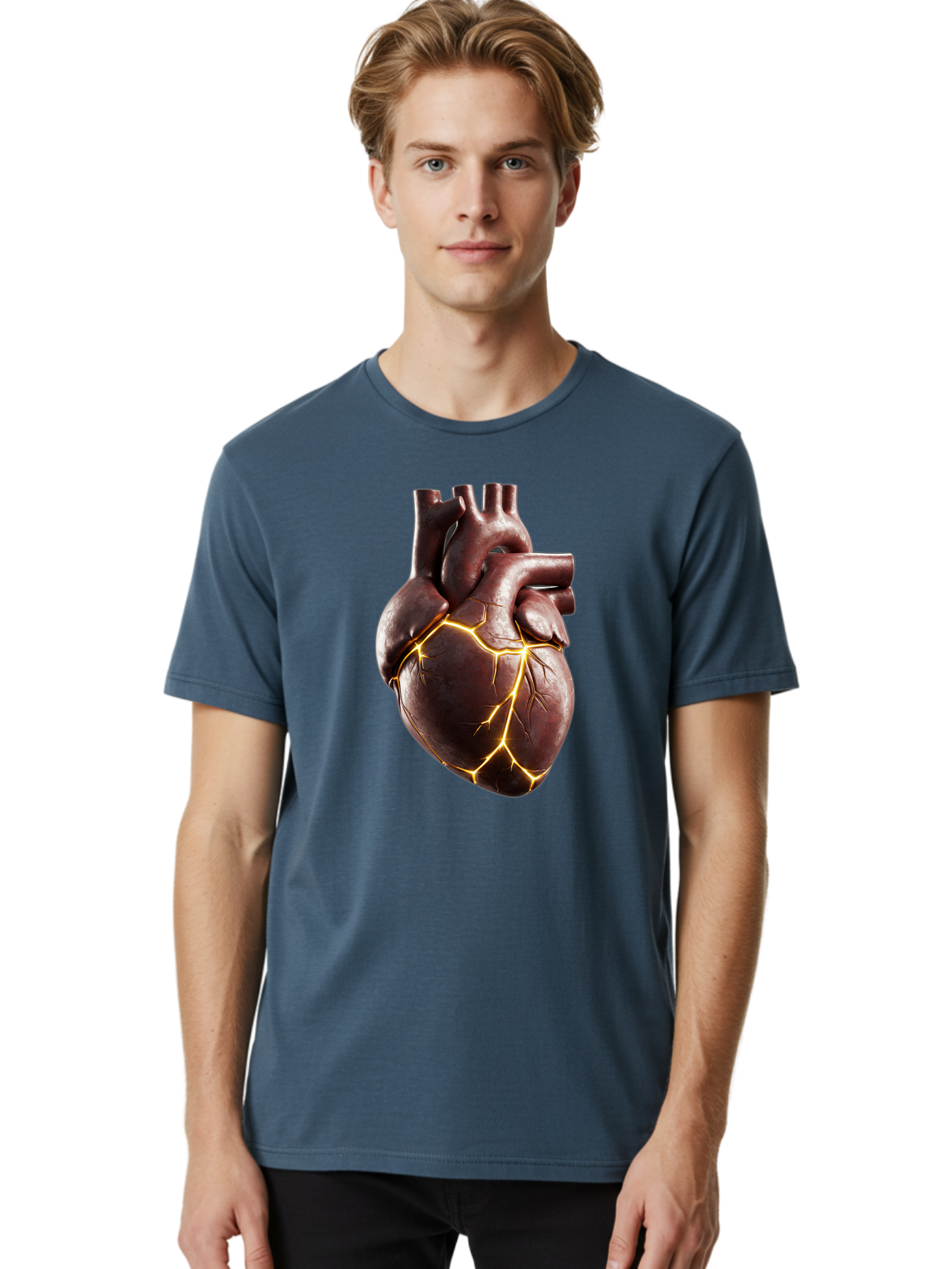 Cracked-Heart-1 Men'S Graphic Tee, 100% Cotton, Comfortable Casual Summer Wear, Machine Washable, Human Heart, Broken Heart, Cracked Heart, Emotional Pain, Heartbreak, Cracked Effect, Yellow Cracks, Heart Illustration, Cardiac Health Bae014