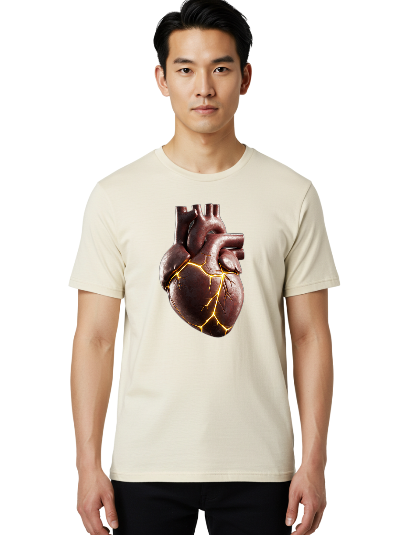 Cracked-Heart-1 Men'S Graphic Tee, 100% Cotton, Comfortable Casual Summer Wear, Machine Washable, Human Heart, Broken Heart, Cracked Heart, Emotional Pain, Heartbreak, Cracked Effect, Yellow Cracks, Heart Illustration, Cardiac Health Bae014