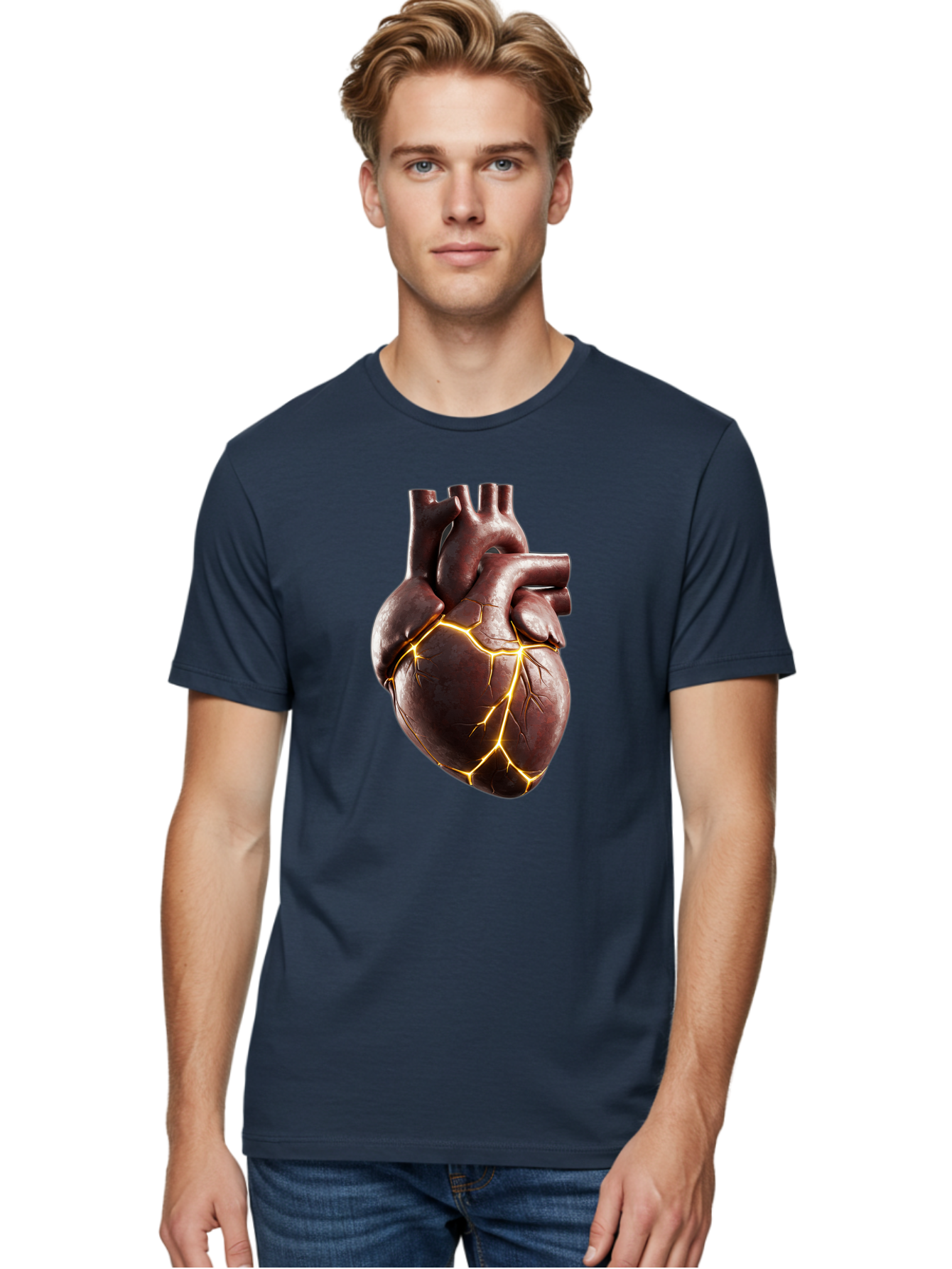 Cracked-Heart-1 Men'S Graphic Tee, 100% Cotton, Comfortable Casual Summer Wear, Machine Washable, Human Heart, Broken Heart, Cracked Heart, Emotional Pain, Heartbreak, Cracked Effect, Yellow Cracks, Heart Illustration, Cardiac Health Bae014