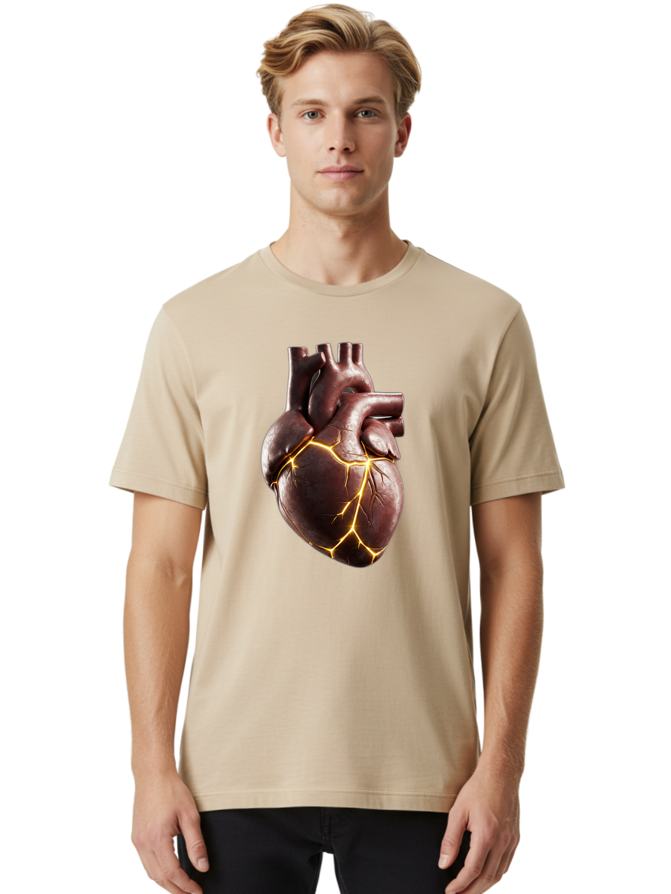 Cracked-Heart-1 Men'S Graphic Tee, 100% Cotton, Comfortable Casual Summer Wear, Machine Washable, Human Heart, Broken Heart, Cracked Heart, Emotional Pain, Heartbreak, Cracked Effect, Yellow Cracks, Heart Illustration, Cardiac Health Bae014