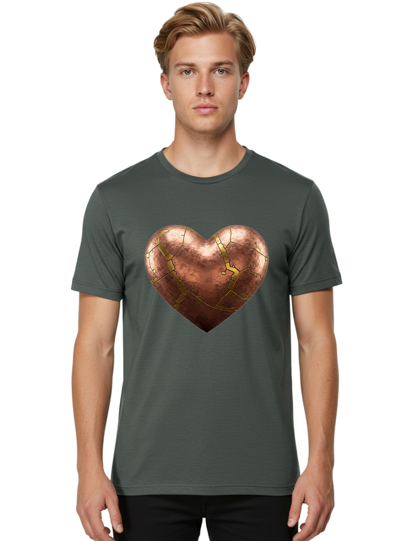 Cracked-Heart-2 Men'S Graphic Tee, 100% Cotton, Comfortable Casual Summer Wear, Machine Washable, Kintsugi Heart, Broken Heart, Cracked Heart, Heart Symbol, Repair, Restoration, Love, Heartbreak, Symbolism, Metaphor, Art, Gold, Broken Pieces Bae015