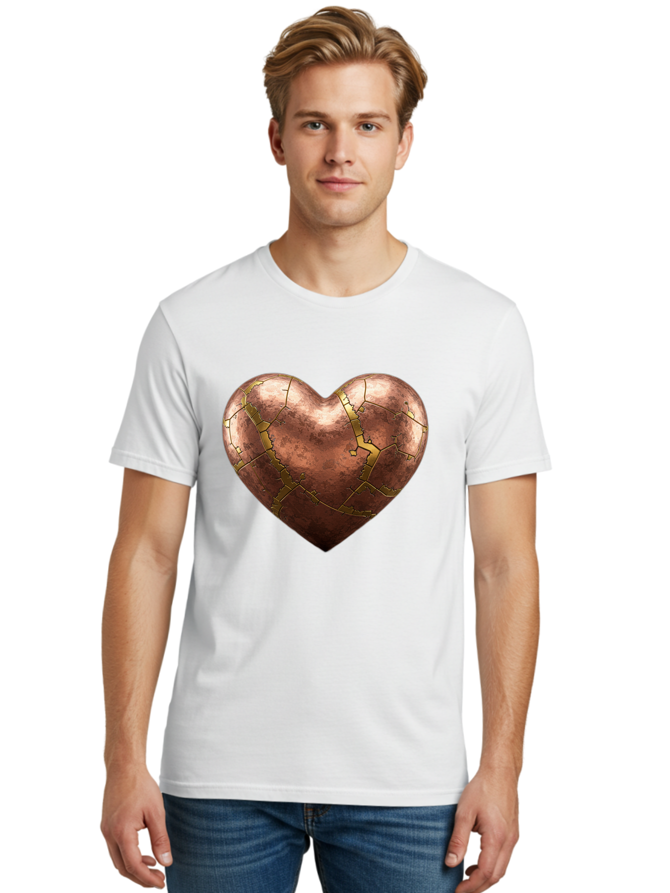 Cracked-Heart-2 Men'S Graphic Tee, 100% Cotton, Comfortable Casual Summer Wear, Machine Washable, Kintsugi Heart, Broken Heart, Cracked Heart, Heart Symbol, Repair, Restoration, Love, Heartbreak, Symbolism, Metaphor, Art, Gold, Broken Pieces Bae015