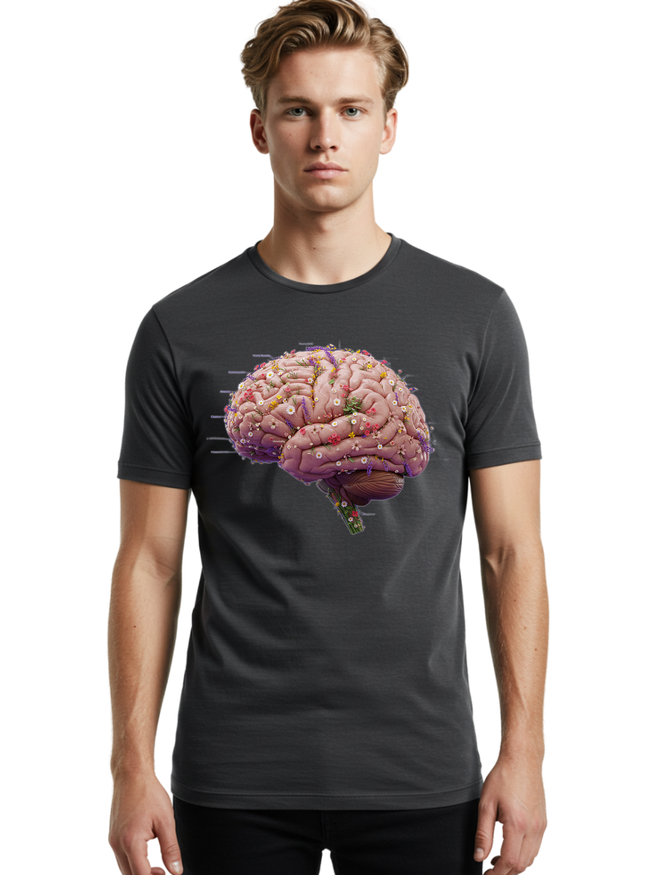 Floral-Brain-1 Men'S Graphic Tee, 100% Cotton, Comfortable Casual Summer Wear, Machine Washable, Human Brain, Flowers, Creativity, Inspiration, Imagination, Colorful, Vibrant, Brain Function, Neuroscience, Mental Health, Wellness Bae019