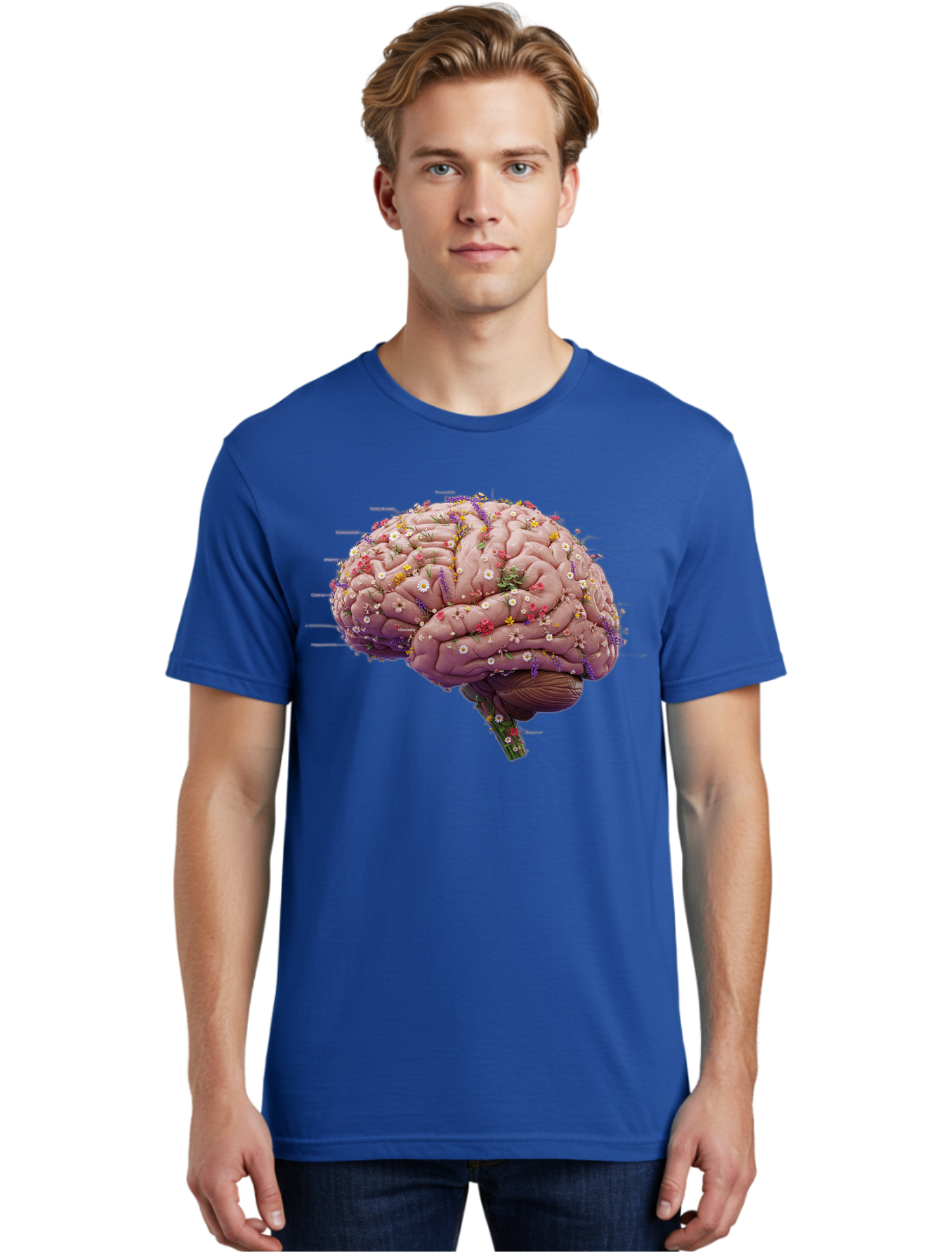 Floral-Brain-1 Men'S Graphic Tee, 100% Cotton, Comfortable Casual Summer Wear, Machine Washable, Human Brain, Flowers, Creativity, Inspiration, Imagination, Colorful, Vibrant, Brain Function, Neuroscience, Mental Health, Wellness Bae019