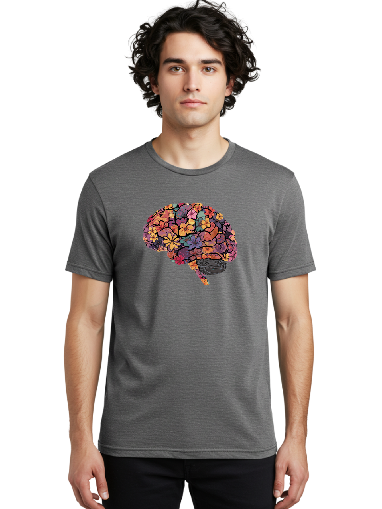 Floral-Brain Men'S Graphic Tee, 100% Cotton, Comfortable Casual Summer Wear, Machine Washable, Human Brain, Floral Patterns, Colorful Illustration, Creative Art, Mental Health Awareness, Brain Illustration, Vibrant Flowers, Abstract Design, Bae020