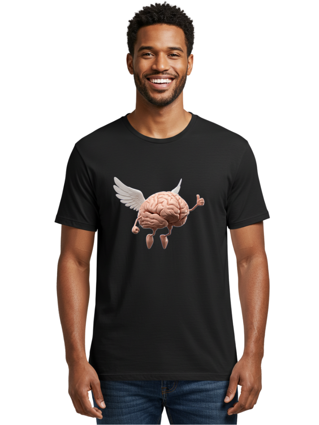 Flying-Brain Men'S Graphic Tee, 100% Cotton, Comfortable Casual Summer Wear, Machine Washable, Human Brain With Wings, Anthropomorphic Brain, Thumbs Up Gesture, Digital Art, Cartoon Style, Creative Illustration, Winged Brain, Brain With Horns Bae021