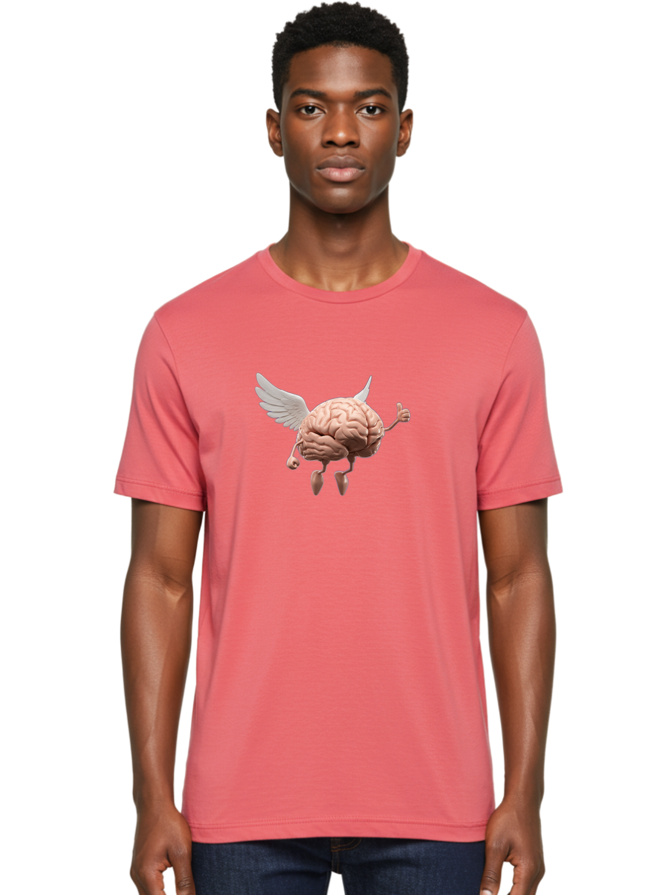 Flying-Brain Men'S Graphic Tee, 100% Cotton, Comfortable Casual Summer Wear, Machine Washable, Human Brain With Wings, Anthropomorphic Brain, Thumbs Up Gesture, Digital Art, Cartoon Style, Creative Illustration, Winged Brain, Brain With Horns Bae021